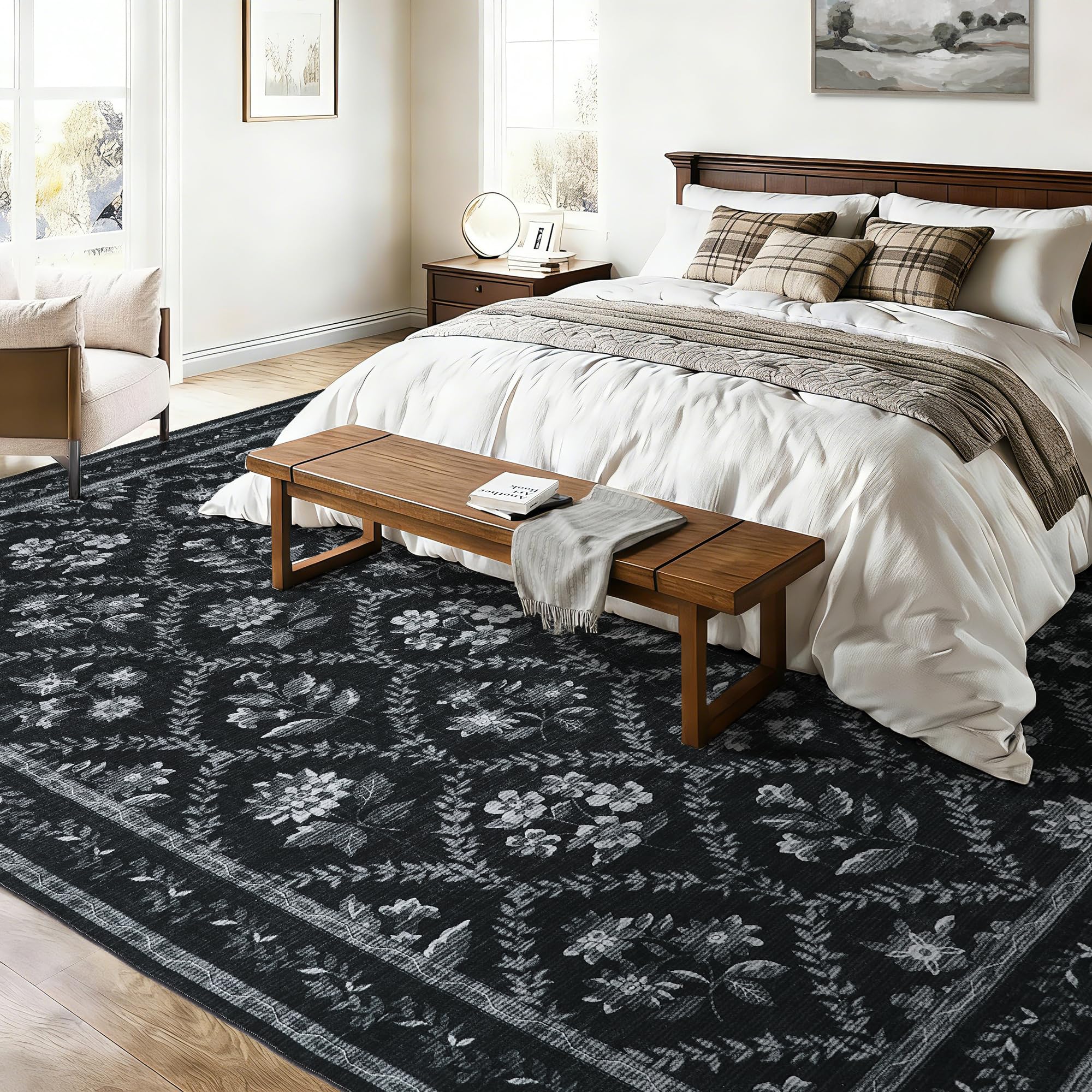 Black Floral Area Rug for Entryway 2x3 Washable Small Rug Low Pile Non Slip Distressed Entry Mat Soft Farmhouse Indoor Entrance Door Mat for Kitchen Bedroom Home Office Black Grey and White