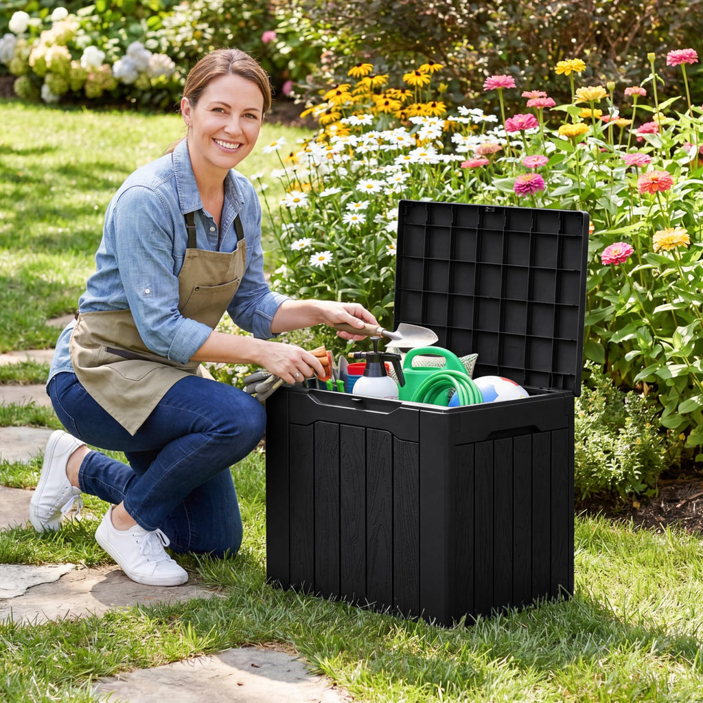 Flamaker Deck Box 30 Gallon, Waterproof Resin Small Storage Box with Lid, Outdoor Patio Furniture Cushion Garden Tool Organizer, Lockable Package Delivery Box for Porch Balcony (Black)