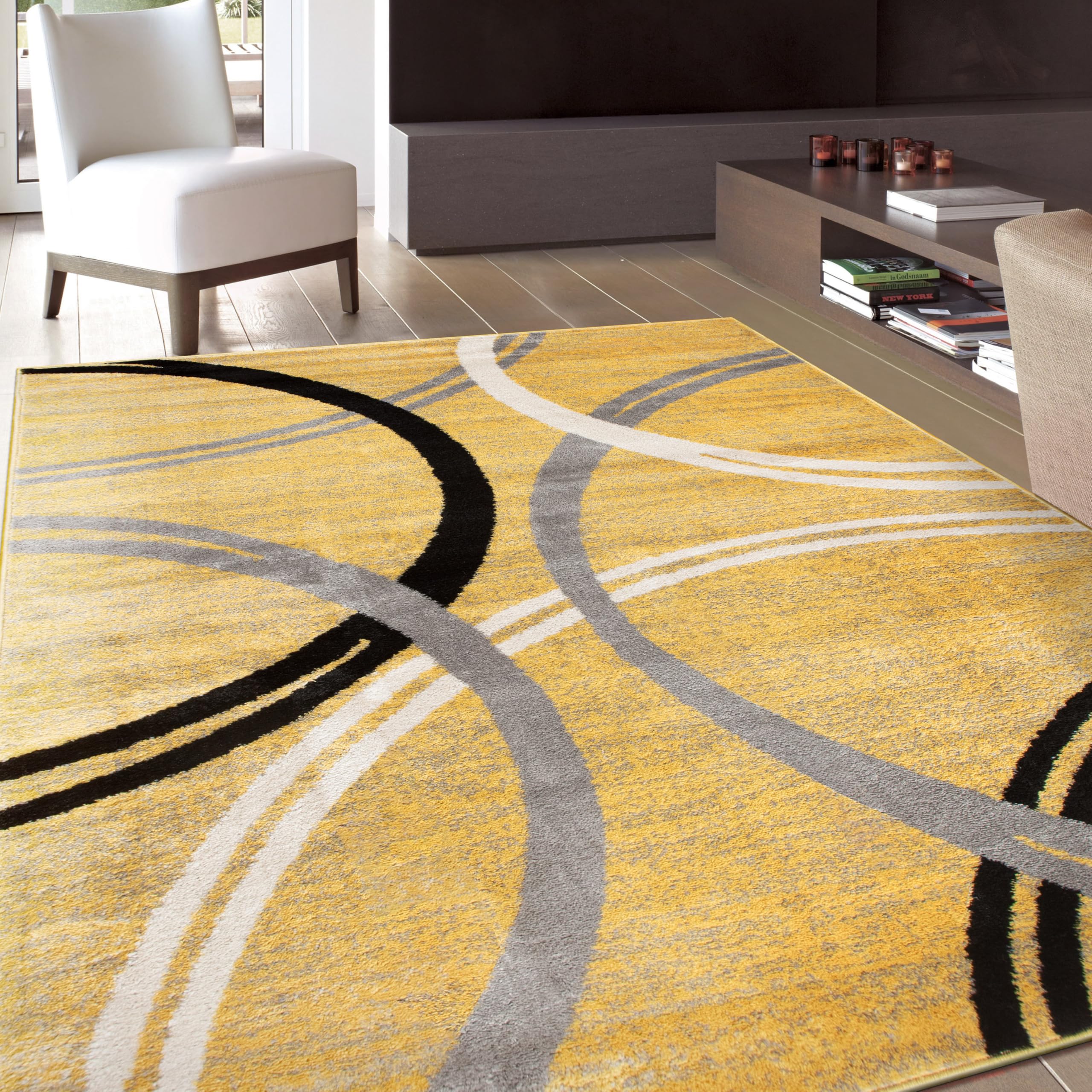 Rugshop Modern Wavy Circles Design Accent Rug, Carpet with Jute Backing for Entryway, Kitchen, or Pet Area, Black, 2' x 3'
