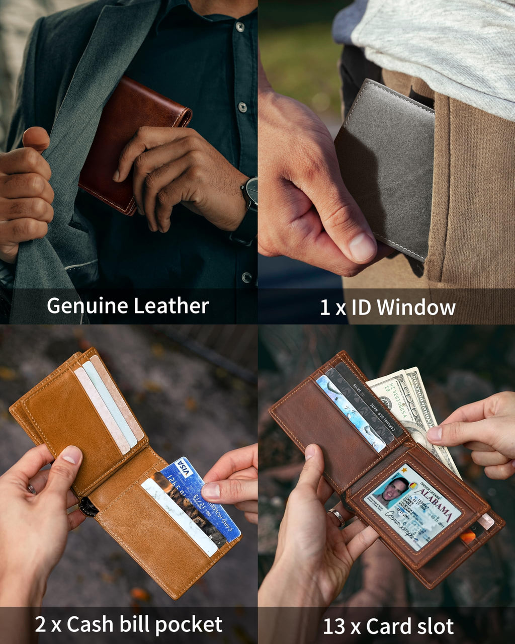 Artpaxy Mens Wallet Genuine Leather Bifold RFID Blocking Wallet for Men with 1 ID Window 13 Card Holders 2 cash pockets 1 Gift Box