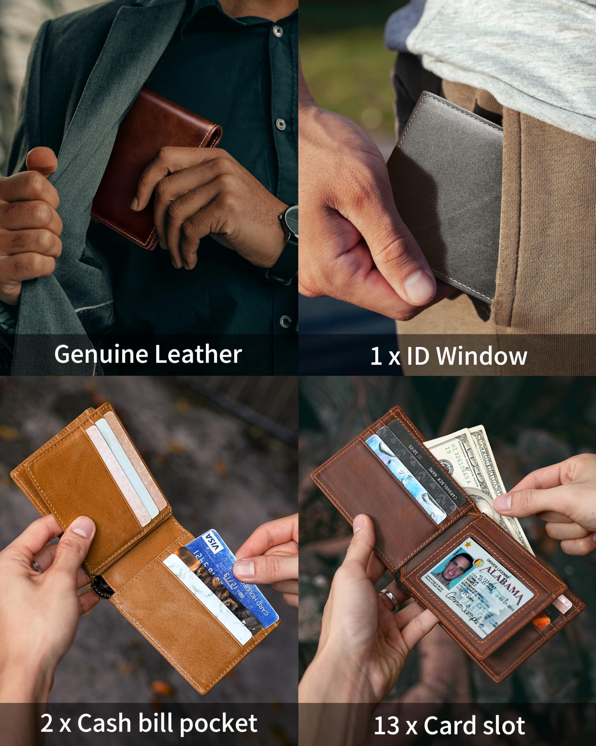Artpaxy Mens Wallet Genuine Leather Bifold RFID Blocking Wallet for Men with 1 ID Window 13 Card Holders 2 cash pockets 1 Gift Box