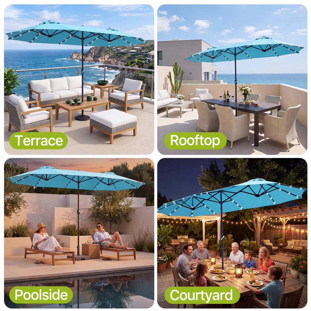 FREE SOLDIER 13ft Patio Umbrella Double Sided Outdoor Umbrella for Patio Table Umbrella with Solar lights for Garden Yard Pool (Beige)