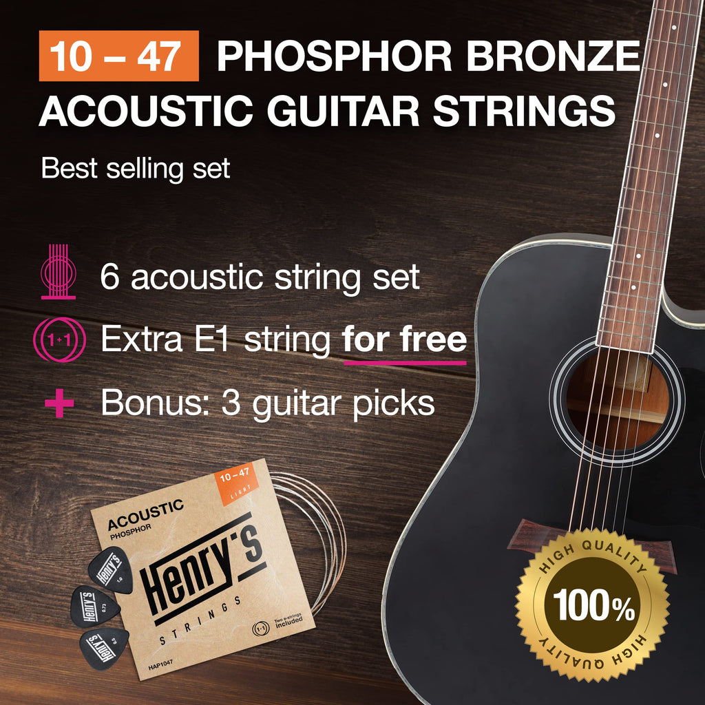 Light Acoustic Guitar Strings 10-47 - Brilliant Sound & Extra E1 String & 3xGuitar Picks - Phosphor Bronze Guitar Strings Acoustic - Acoustic Guitar Strings 6 String Set