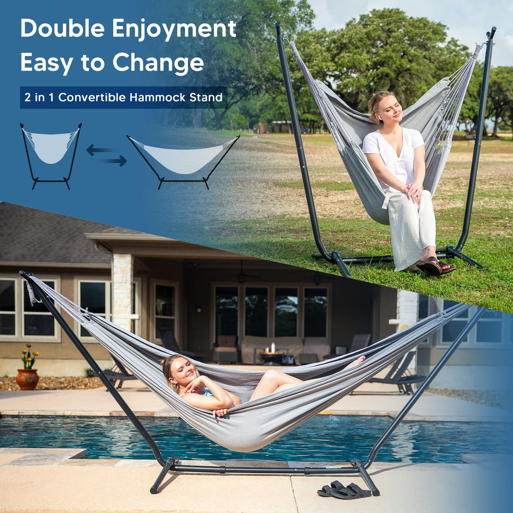 SUNCREAT 2-in-1 Convertible Free Standing Hammock with Stand Included, Camping Backyard Hammock with Stand, Patented, Blue & White Stripe