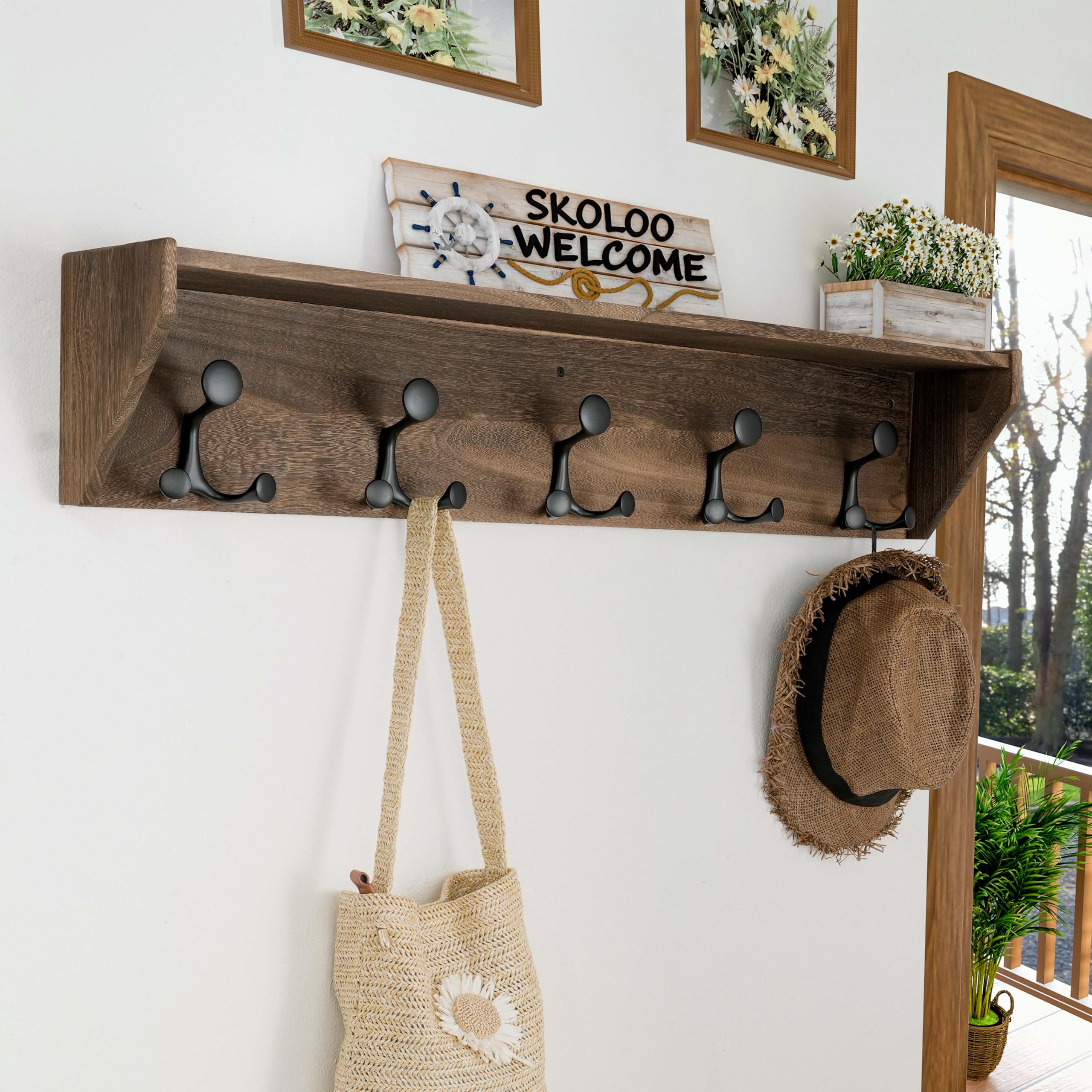 SKOLOO Wall Shelf with Hooks, 24-Inch Cherry Coat Rack Wall Mount with Shelf Organizer - Heavy Duty, 4 Tri Hooks - Perfect for Entryway, Hallway, Living Room, Bedroom, Mudroom