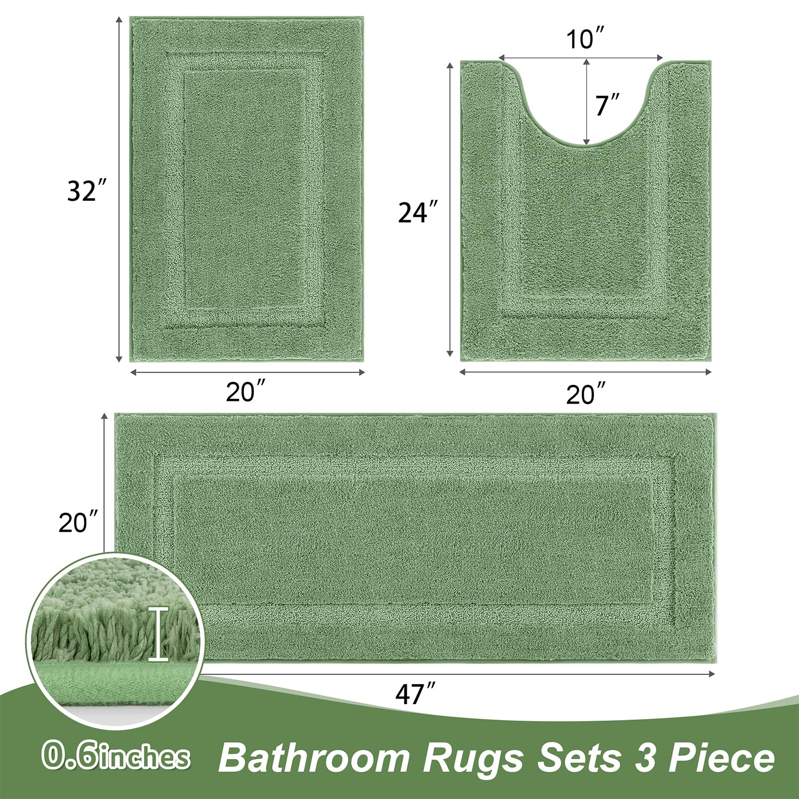 SHACOS Black Bathroom Rugs Sets 3 Piece, 16"x24" + 20"x32" Non Slip Bath Mat and 20"x24" Toilet Rugs U Shaped Washable, Soft Fluffy Water Absorbent Bath Rugs for Bathroom