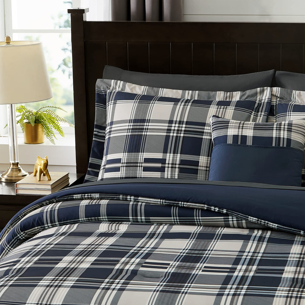 MaiRêve Queen Comforter Set, Classic Plaid Farmhouse Bedding Sets 7 Pieces, Beige All Season Bed in A Bag with Sheets, Pillowcases & Shams
