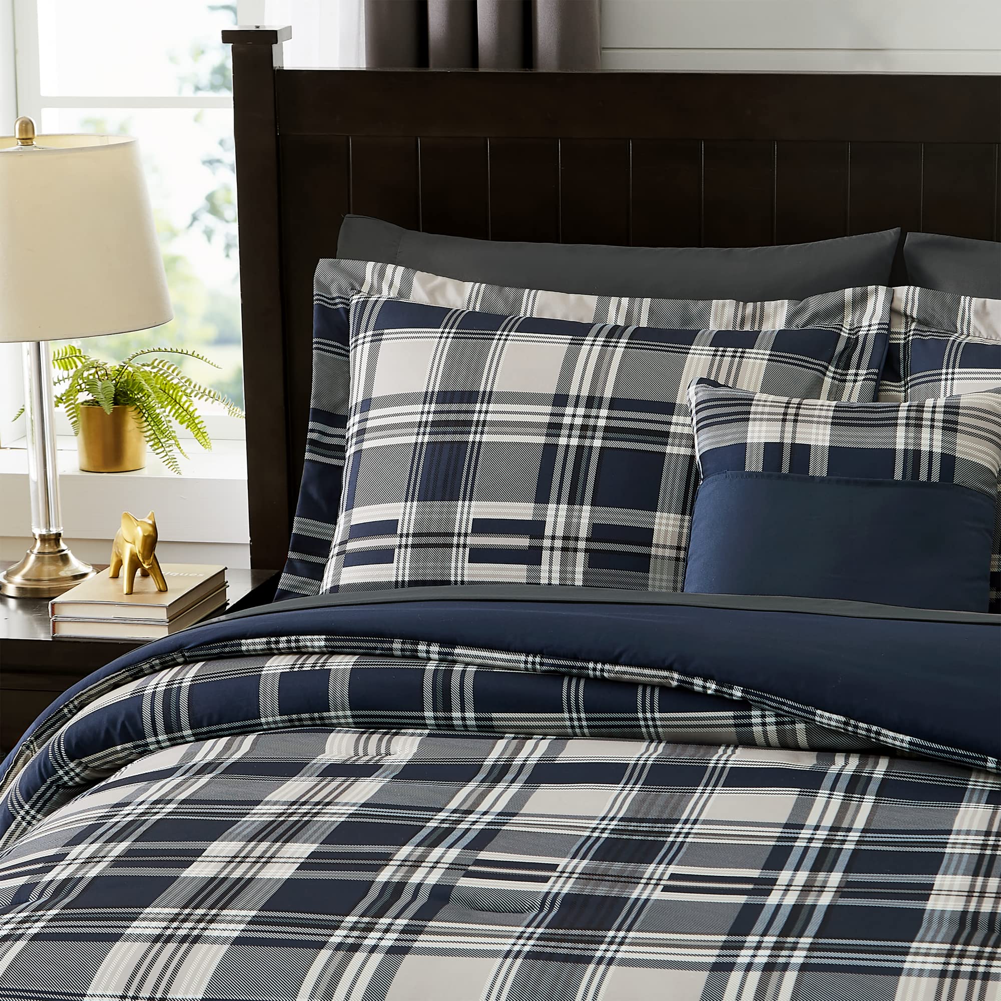 MaiRêve Queen Comforter Set, Classic Plaid Farmhouse Bedding Sets 7 Pieces, Beige All Season Bed in A Bag with Sheets, Pillowcases & Shams