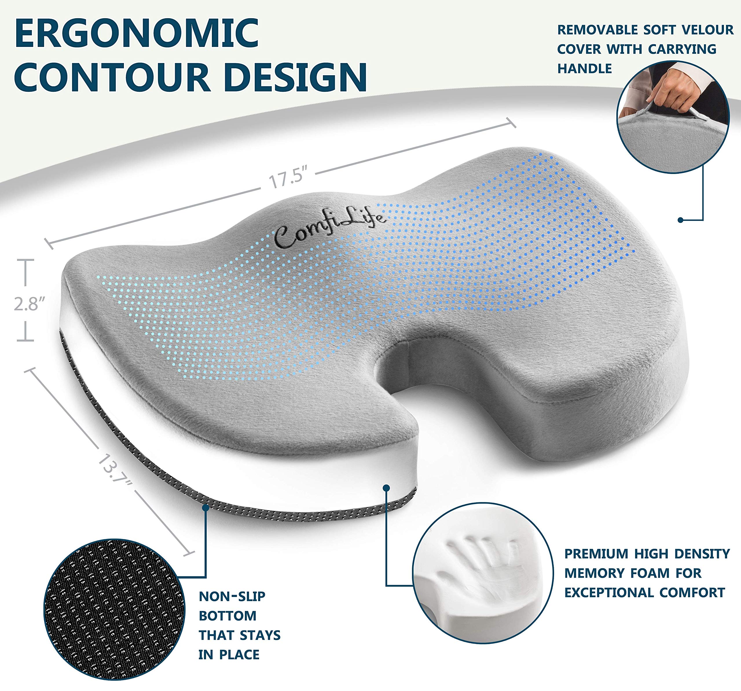 ComfiLife Premium Comfort Seat Cushion - Non-Slip Orthopedic 100% Memory Foam Coccyx Cushion for Tailbone Pain - Cushion for Office Chair Car Seat - Back Pain & Sciatica Relief (Black)