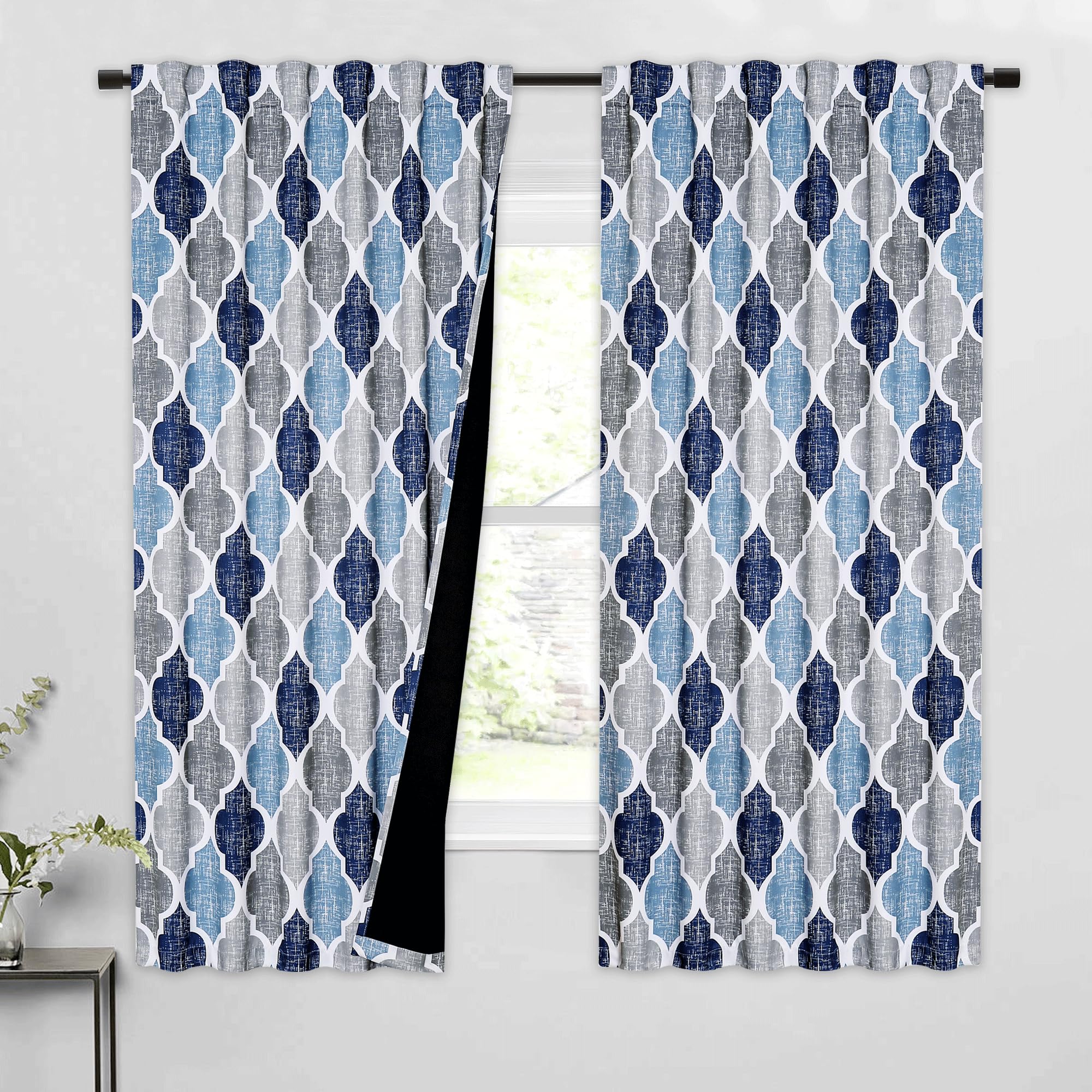 Beauoop 100% Blackout Curtains 45 Inches Long 2 Panels for Bedroom Living Room Aqua Grey Moroccan Geo Room Darkening Thermal Insulated Soundproof Grommet Top Window Treatments Drapes, 50x45 Set of 2