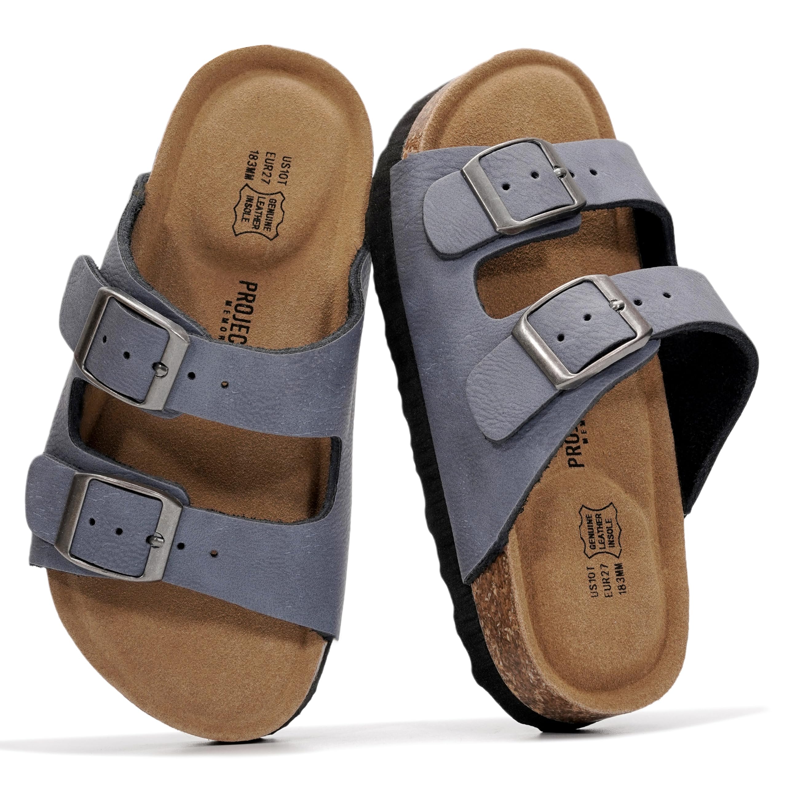 Project Cloud Kids Sandals 100% Genuine Leather - Natural Cork Footbed Non-Slip Slides for Kids - Lightweight Boys & Girls Sandals - Water-Resistant Girls & Boys Sandals