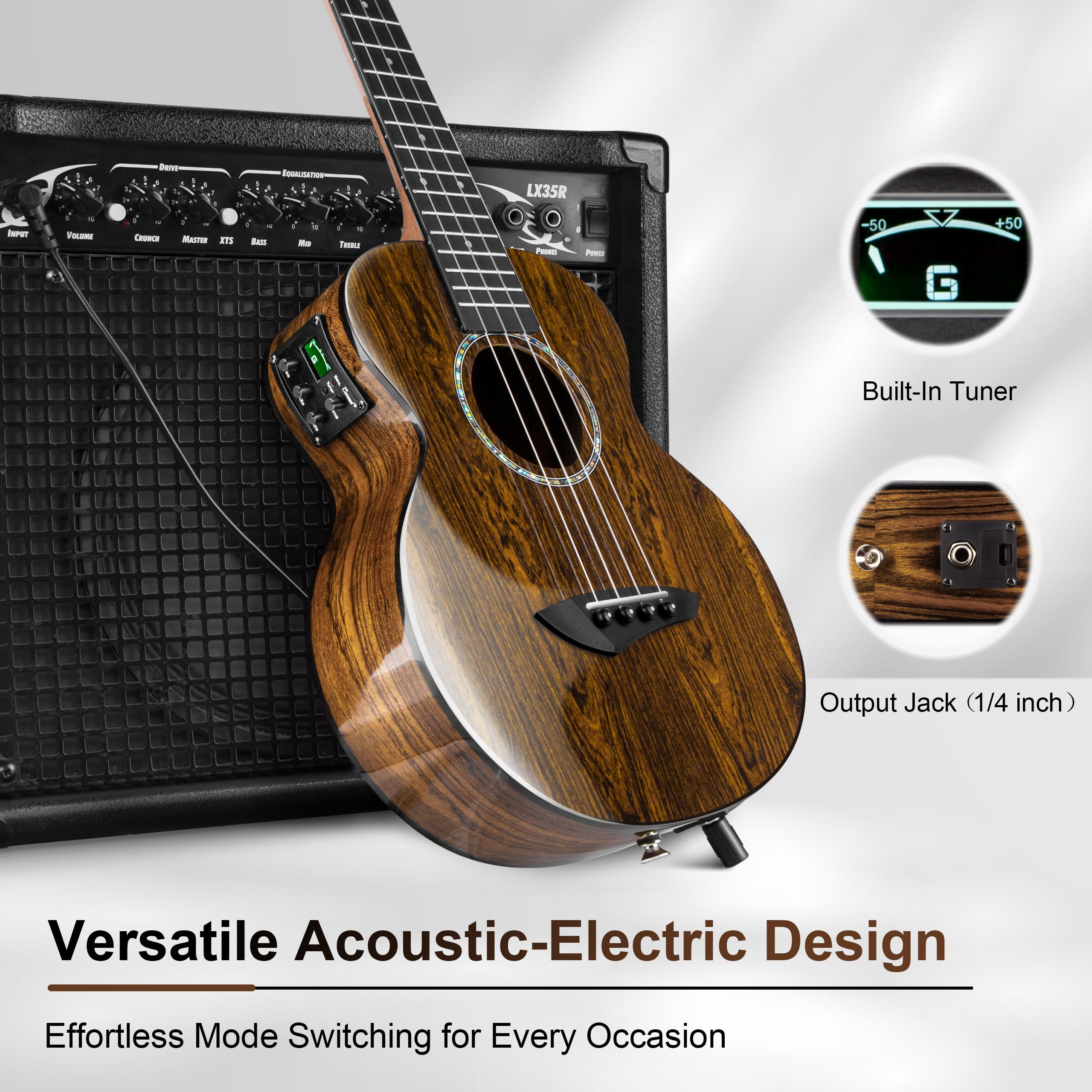 Caramel TEG95 Butterfly Bocote Glossy Tenor Acoustic & Electric Ukulele | 26-inch Handmade Professional Ukelele Kit with Accessories