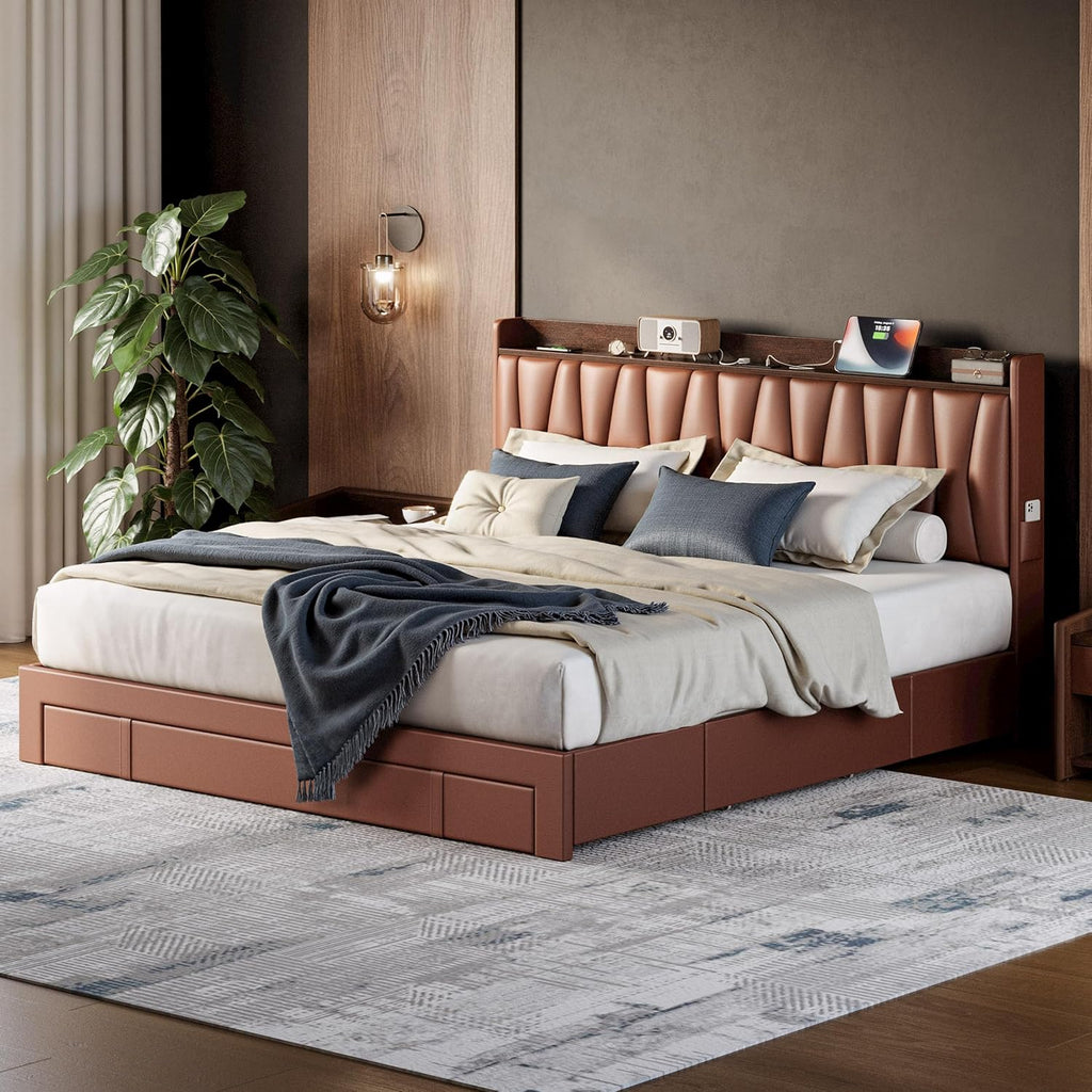 ANCTOR King Bed Frame with 3 Storage Drawers, Storage Headbord with Charging Station, Platform Bed Frame for Bedroom, Living Room, No Box Spring, Faux Leather, Brown