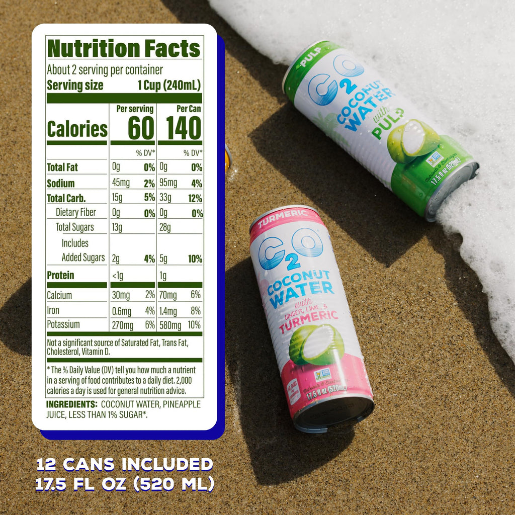 C2O - Coconut Water with Ginger, Lime, & Turmeric (12 Pack) - Made with Fresh Coconut Water - Plant Based - Non GMO - Canned Water - Natural Hydration, Electrolytes, & Potassium - 12 Cans, 17.5 FL OZ