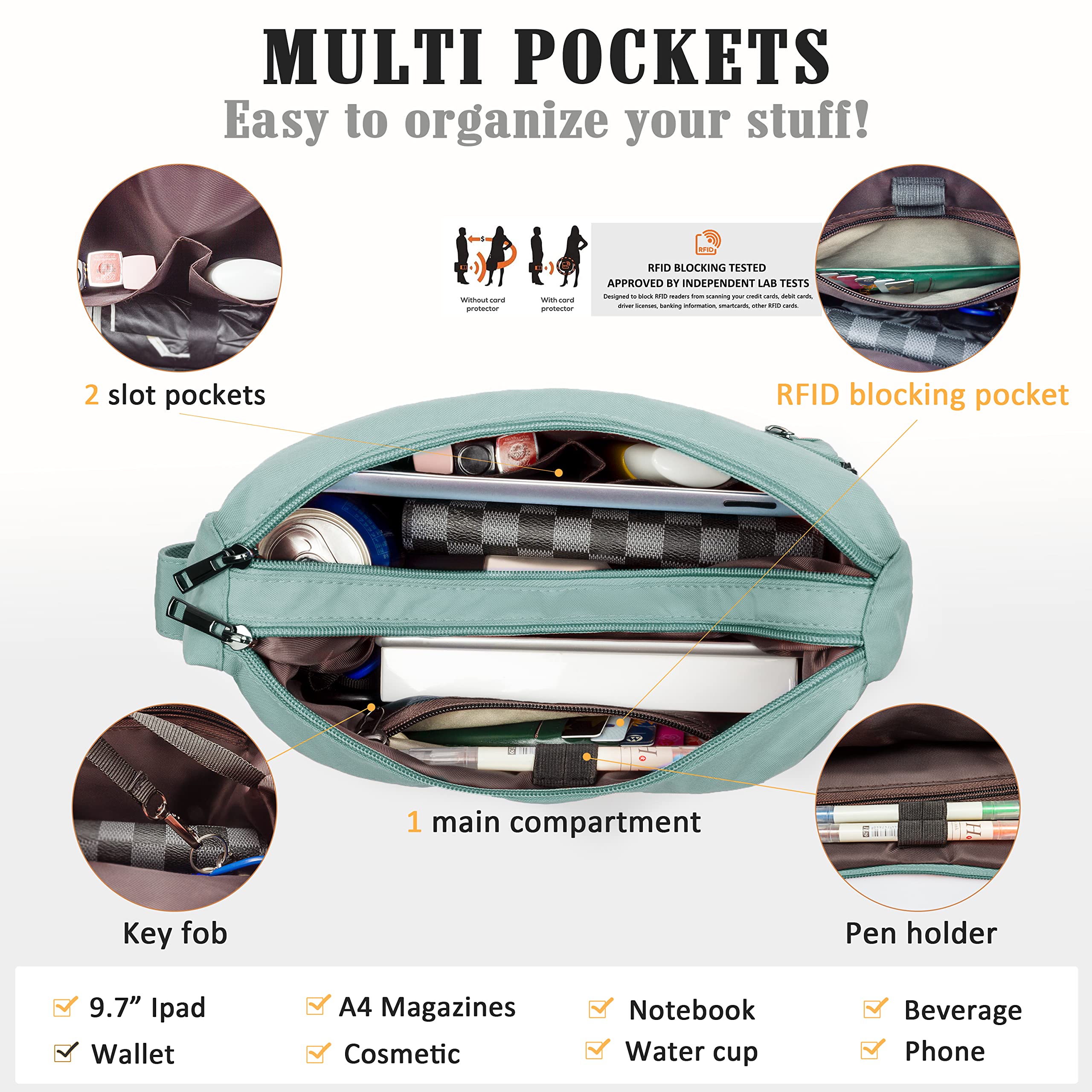 VOLGANIK ROCK RFID Purses for Women Fabric Nylon Multi Pocket Crossbody Bag Ladies Travel Handbag
