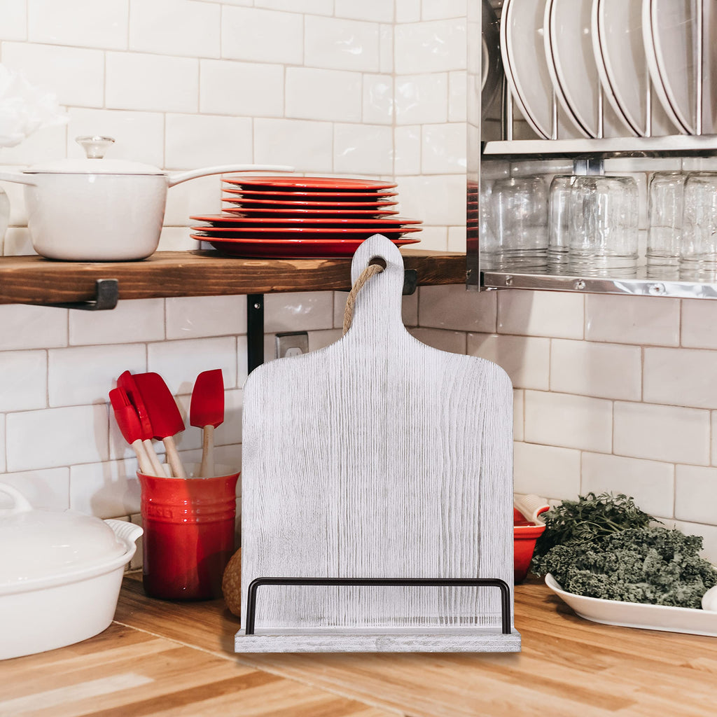 Soligt Cookbook Stand for Kitchen Counter Adjustable iPad Tablet Recipe Book Holder Rustic Wood Cutting Board Style - Brown