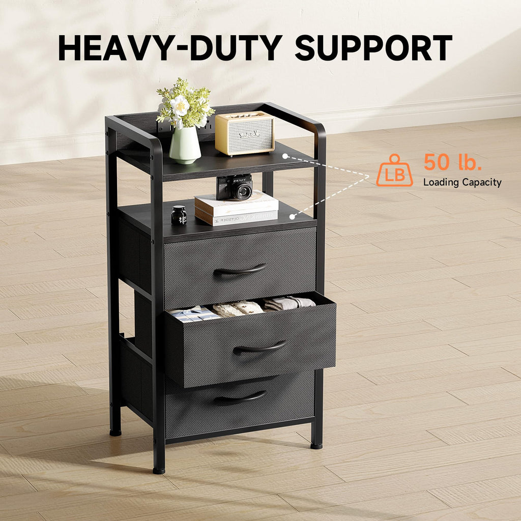 Lazzanto Night Stand Bedside Charger Bedroom - Nightstand with Charging Station & LED Light Strip, Night Stand with Storage Shelf & 2 Fabric Drawers, Morden End Table with U-S-B Ports & AC Outlets
