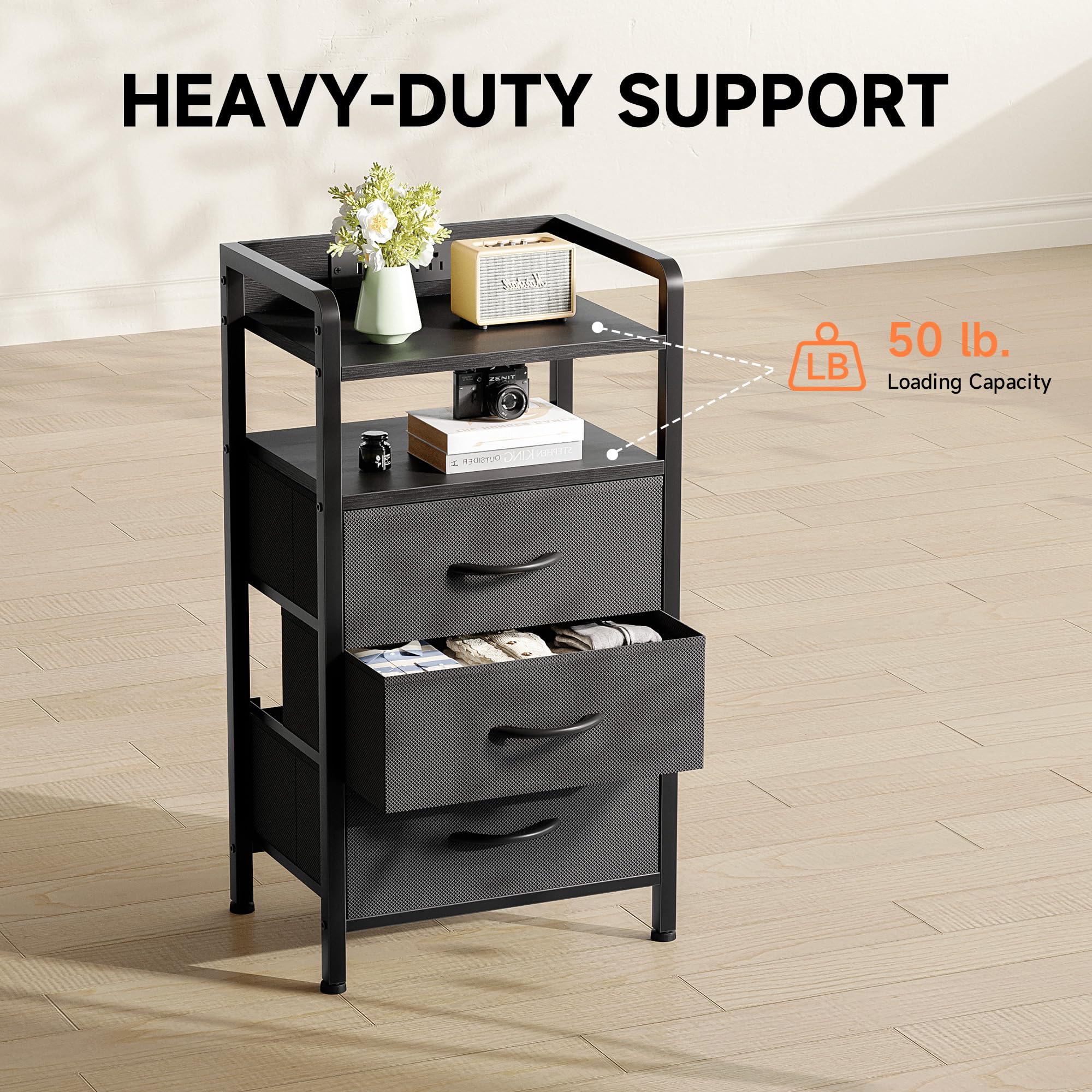Lazzanto Night Stand Bedside Charger Bedroom - Nightstand with Charging Station & LED Light Strip, Night Stand with Storage Shelf & 2 Fabric Drawers, Morden End Table with U-S-B Ports & AC Outlets
