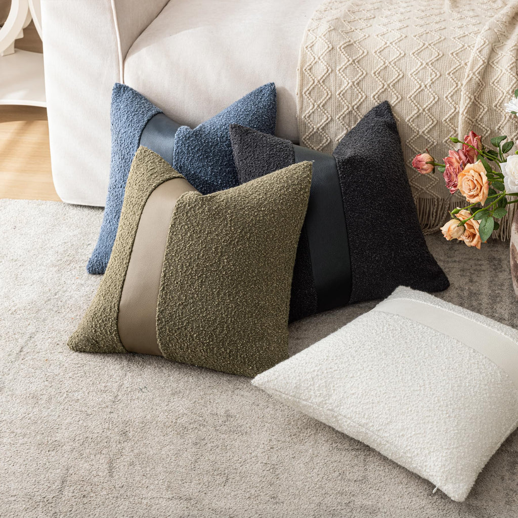 18"x18" Charcoal Black Boucle Throw Pillow Covers with Faux Leather Accents Set of 2 Fluffy Textured Decorative Pillow Cases for Couch Bed Boho Farmhouse Square Cushion Covers for Nordic Home