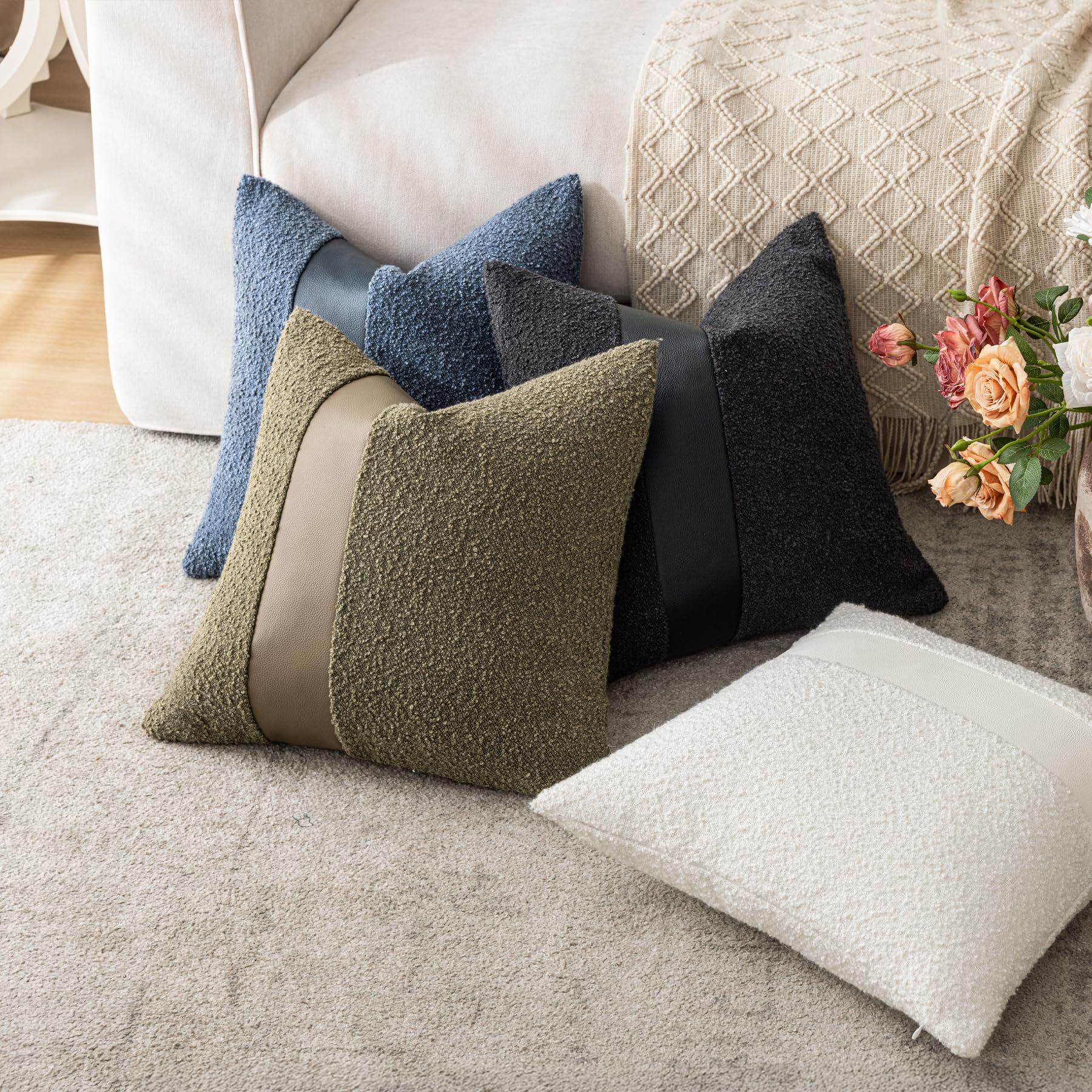 18"x18" Charcoal Black Boucle Throw Pillow Covers with Faux Leather Accents Set of 2 Fluffy Textured Decorative Pillow Cases for Couch Bed Boho Farmhouse Square Cushion Covers for Nordic Home