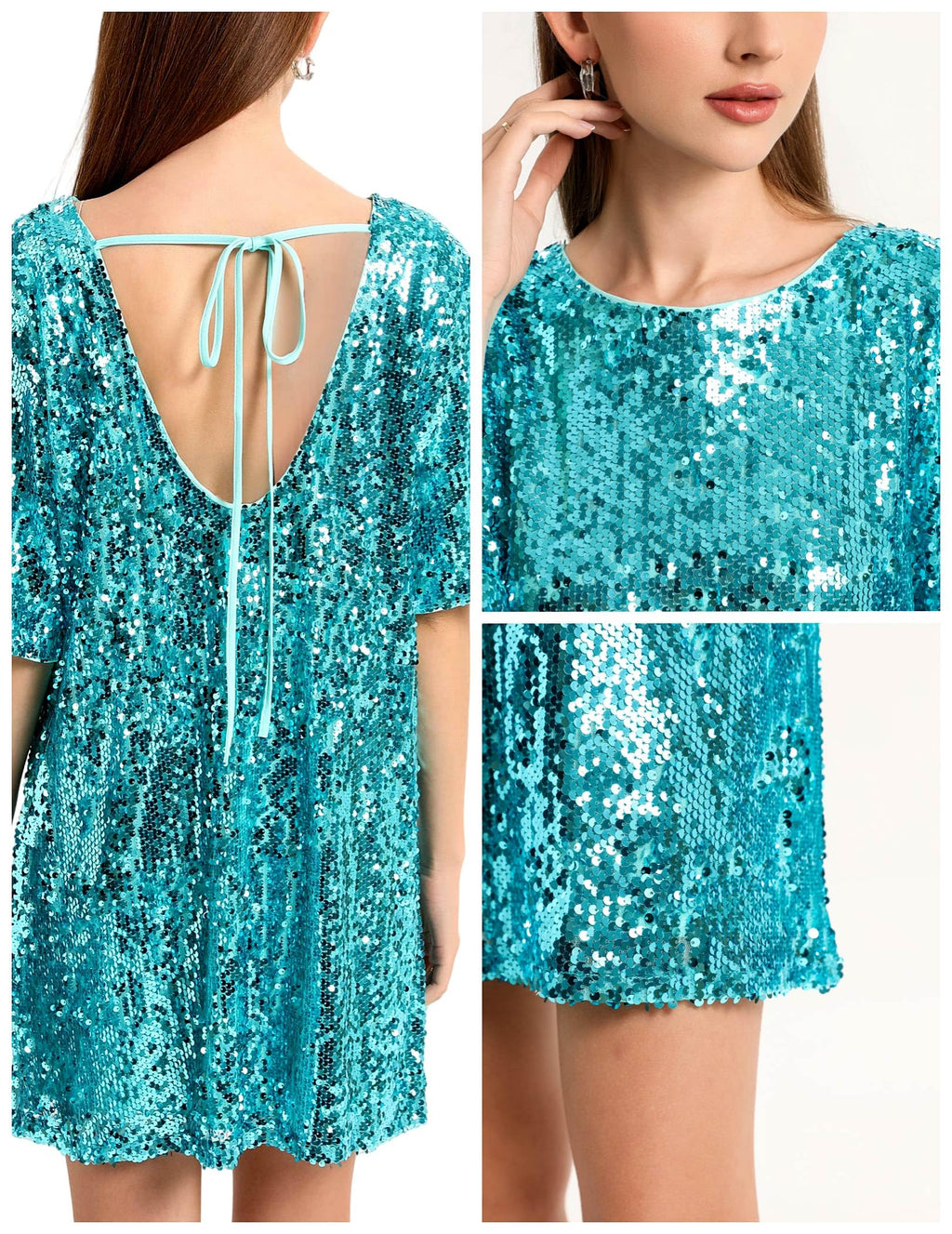 Women's Crew Neck Sequin Dress for Women Sexy V Neck Shirt Dress Sparkly Half Sleeve Loose Party Club Cocktail Dress