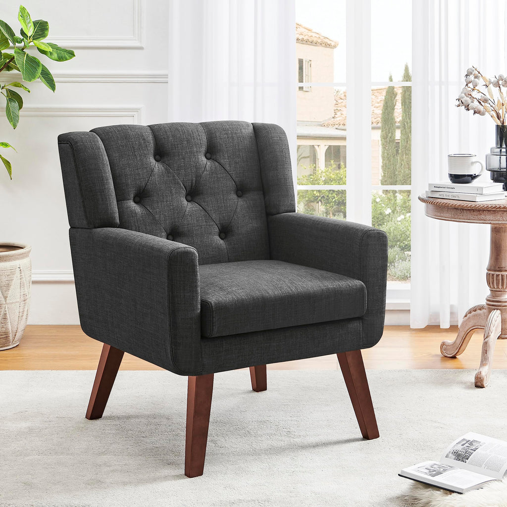 Living&Giving Accent Chair Button-Tufted Upholstered Living Room Chairs Comfy Reading Mid Century Modern with Linen Fabric Lounge Arm for Bedroom (Beige) 29.33D x 28.94W x 34.65H Inch