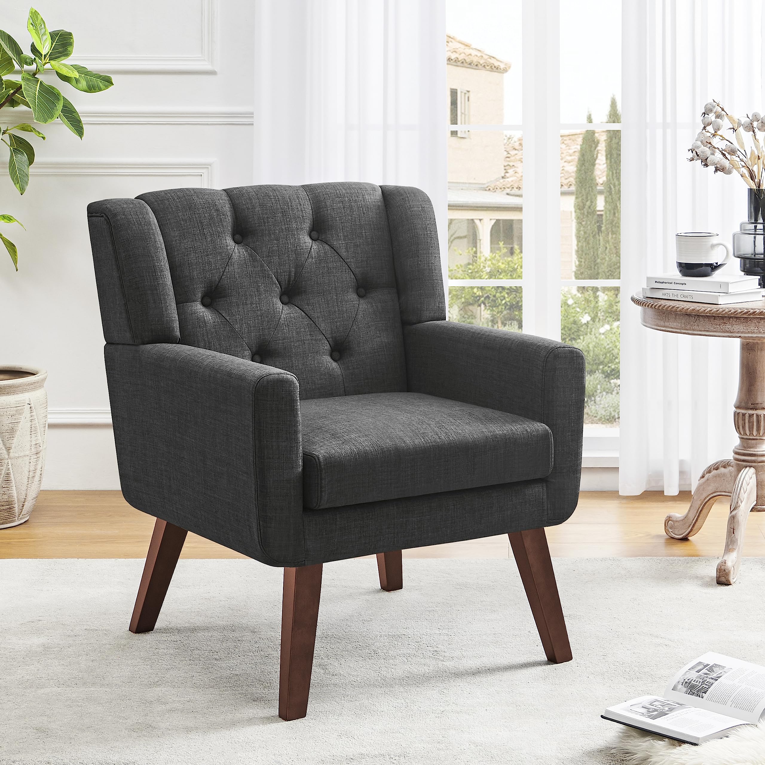 Living&Giving Accent Chair Button-Tufted Upholstered Living Room Chairs Comfy Reading Mid Century Modern with Linen Fabric Lounge Arm for Bedroom (Beige) 29.33D x 28.94W x 34.65H Inch