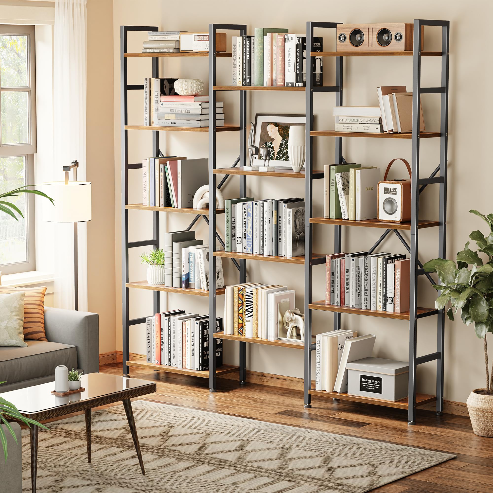 SUPERJARE Triple Bookshelf, Bookcase with 11 Open Display Shelves, Wide Book Shelf Book Case for Home & Office, 4 Tier, Black