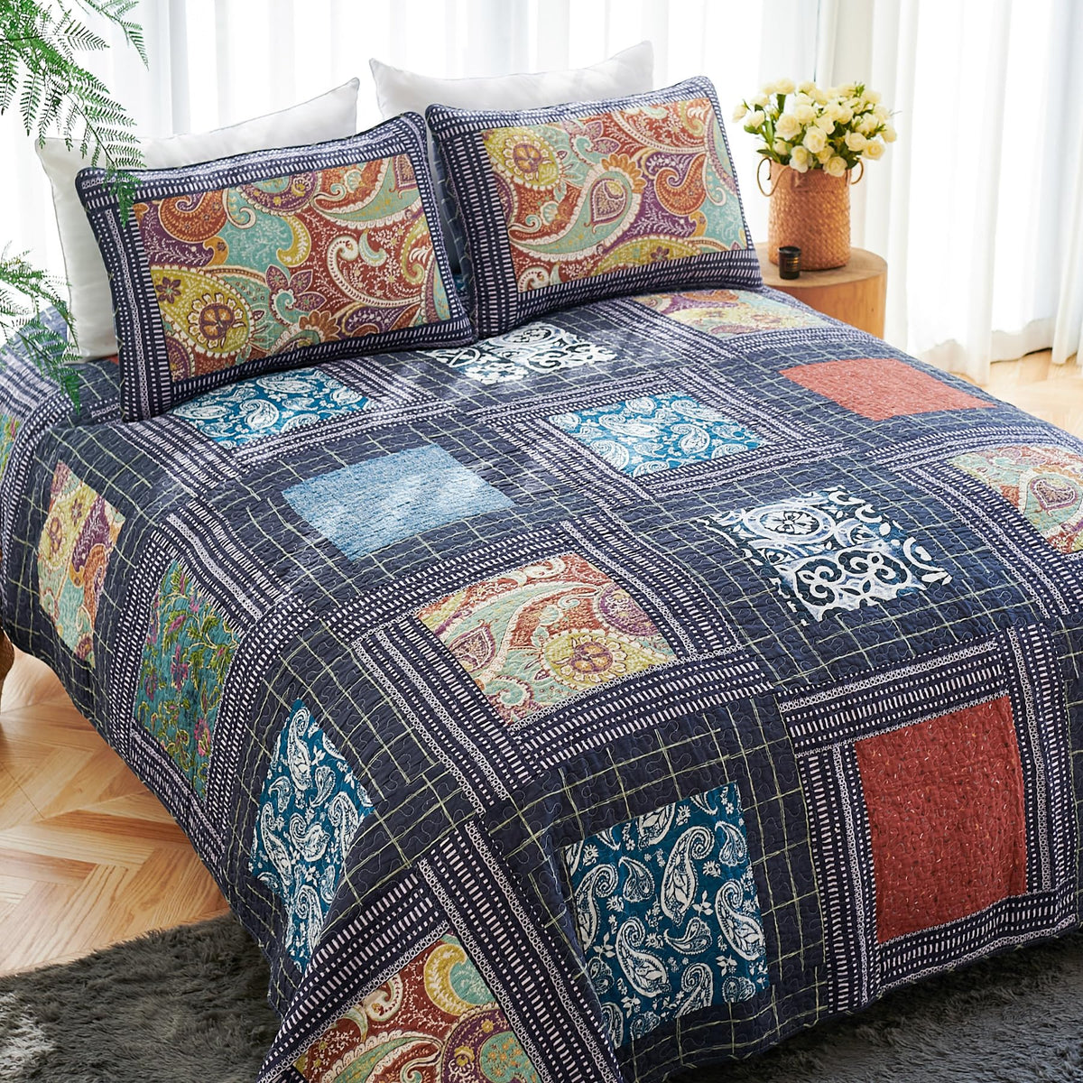 Secgo Twin Comforter Set for Bed - 100% Cotton Quilts Twin Size, Black Bedspreads with 2 Pillow Shams, Patchwork Reversible Lightweight Bedding