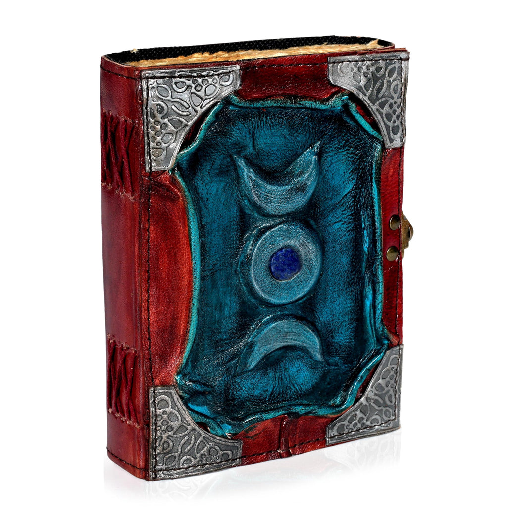 3 Moon Blue Lapis Embossed Vintage Leather Journal | 240 Pages of Antique Handmade Deckle Edge Vintage Paper, Leather Sketchbook, Drawing Journal, Great Gift (5 by 7 inch, black)