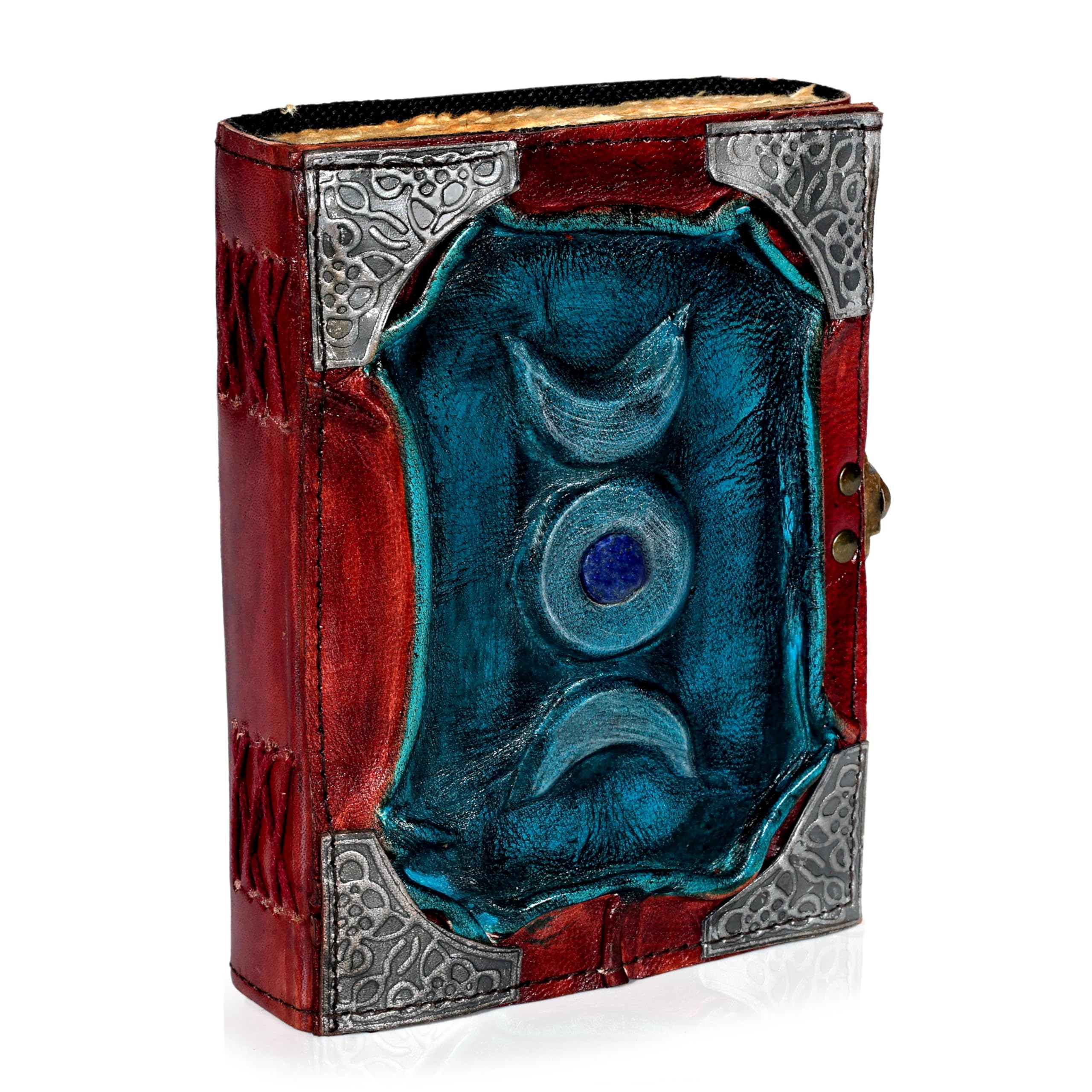 3 Moon Blue Lapis Embossed Vintage Leather Journal | 240 Pages of Antique Handmade Deckle Edge Vintage Paper, Leather Sketchbook, Drawing Journal, Great Gift (5 by 7 inch, black)