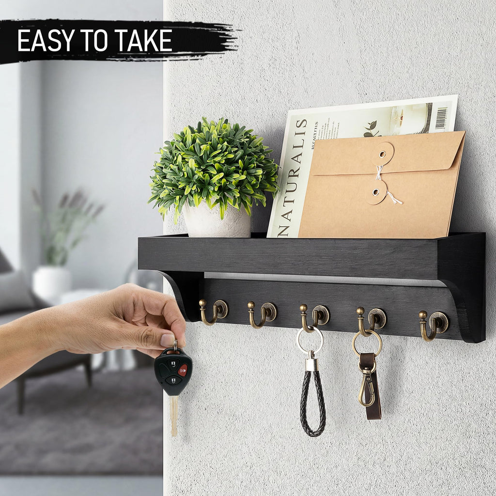 Rebee Vision Acacia Wood Farmhouse Key Holder Wall Mount for Room Decor – Retro Key Holder for Wall with Shelf for Cute Things– Stylish Home Storage for Apartment Essentials (Acacia Wood)