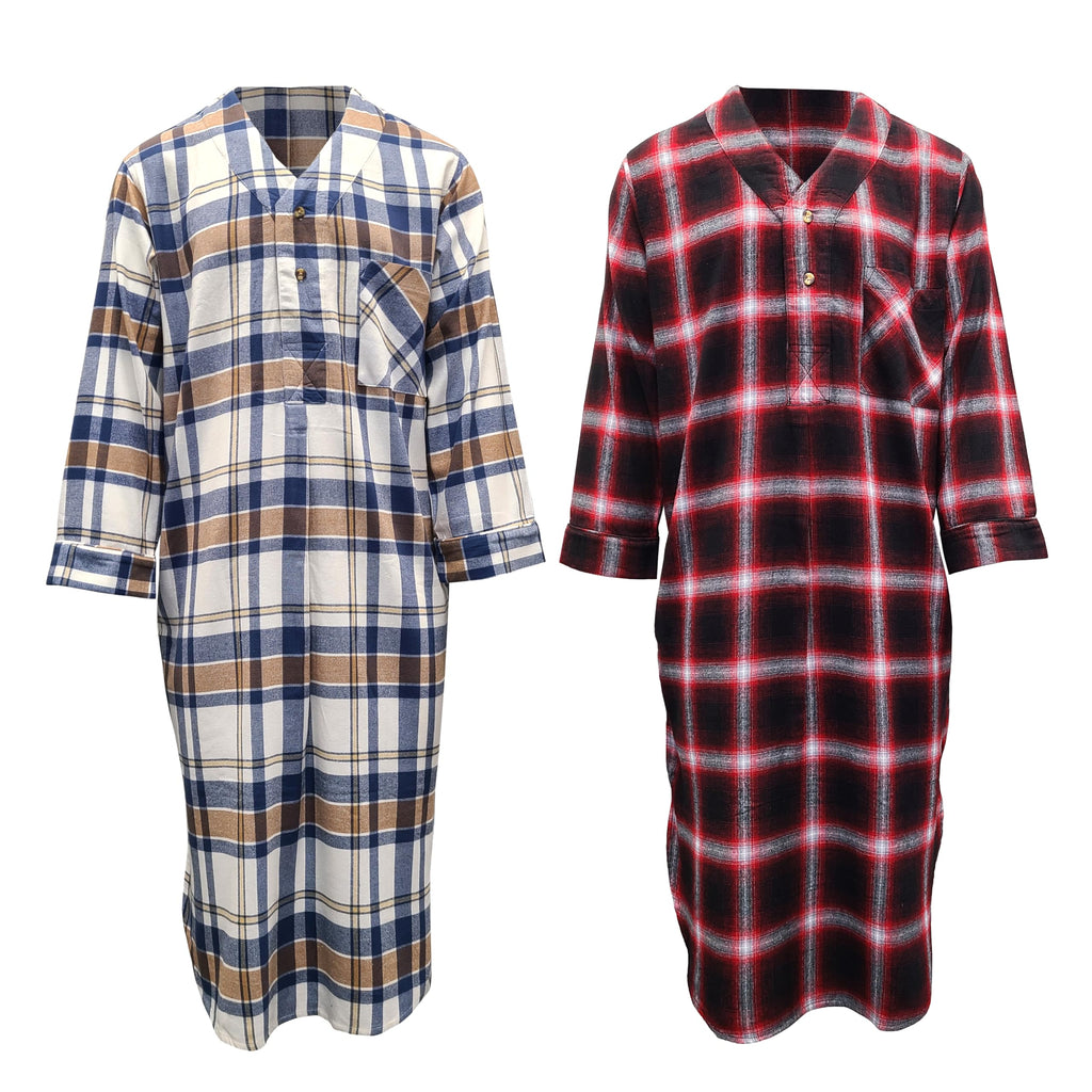 Andrew Scott Men's 2 Pack Lightweight Cotton Flannel Sleep Shirt, Long Henley Nightshirt Pajamas