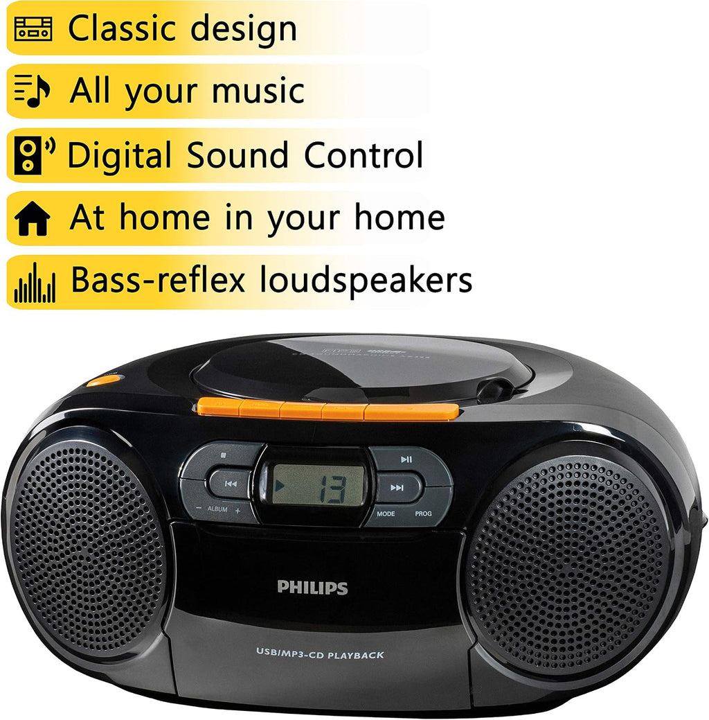 Philips Portable CD Player Boombox - Portable MP3 Player and Cassette Tape Player, Boom Box Compact Stereo Sound System with Dynamic Bass Boost, Take Your Music Outside with USB HiFi Music Player