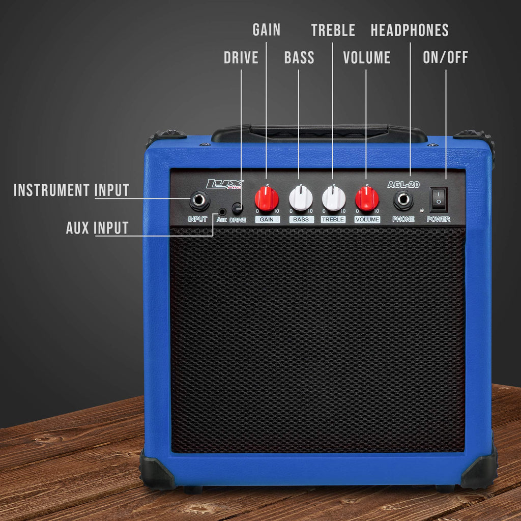 LyxPro Electric Guitar Amp 20 Watt Amplifier Built in Speaker Headphone Jack and Aux Input Includes Gain Bass Treble Volume and Grind - Black