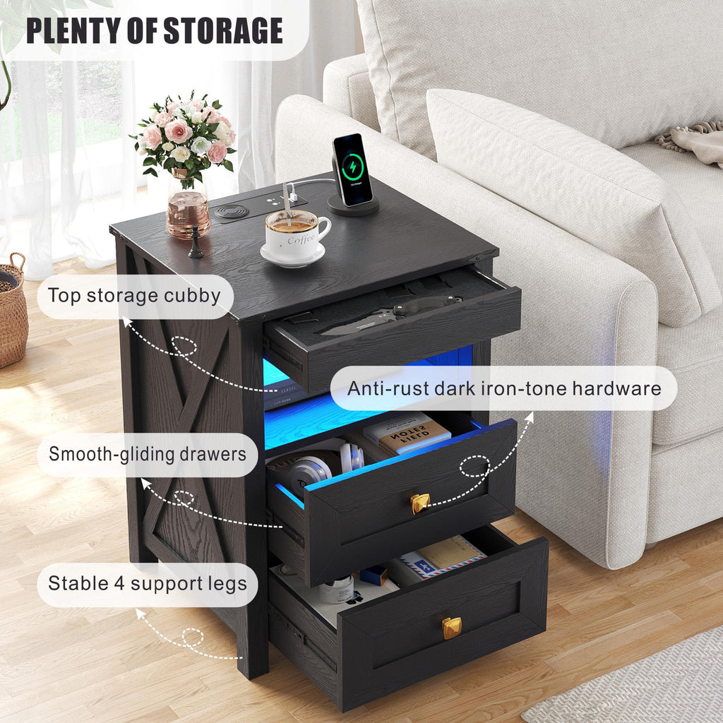TAGELIER Farmhous Nightstand with Gun Drawer,Bedside Table with Charging Station, Gun Night Stand with LED Light & Human Sensor,Smart End Table for Bedroom, Black