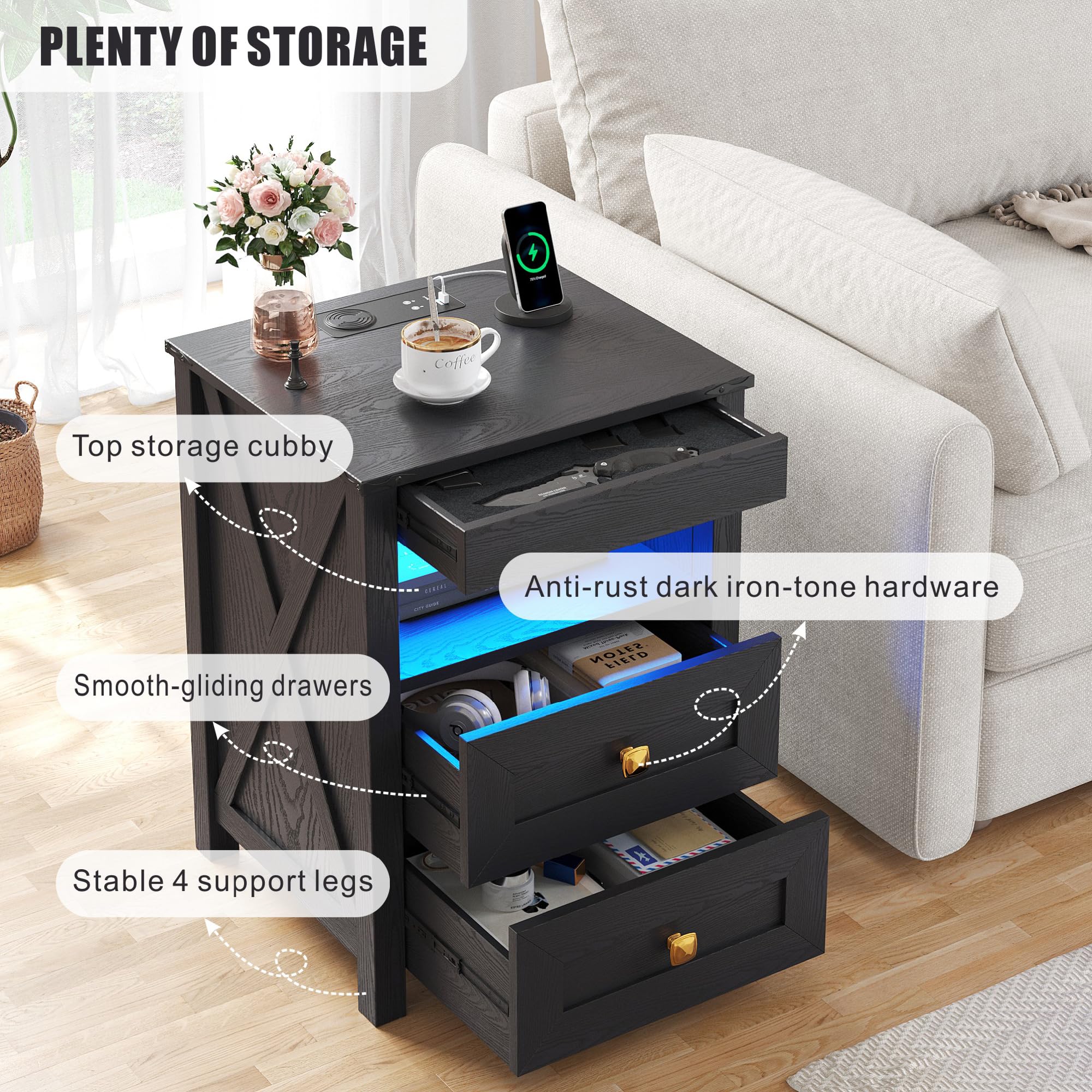 TAGELIER Farmhous Nightstand with Gun Drawer,Bedside Table with Charging Station, Gun Night Stand with LED Light & Human Sensor,Smart End Table for Bedroom, Black