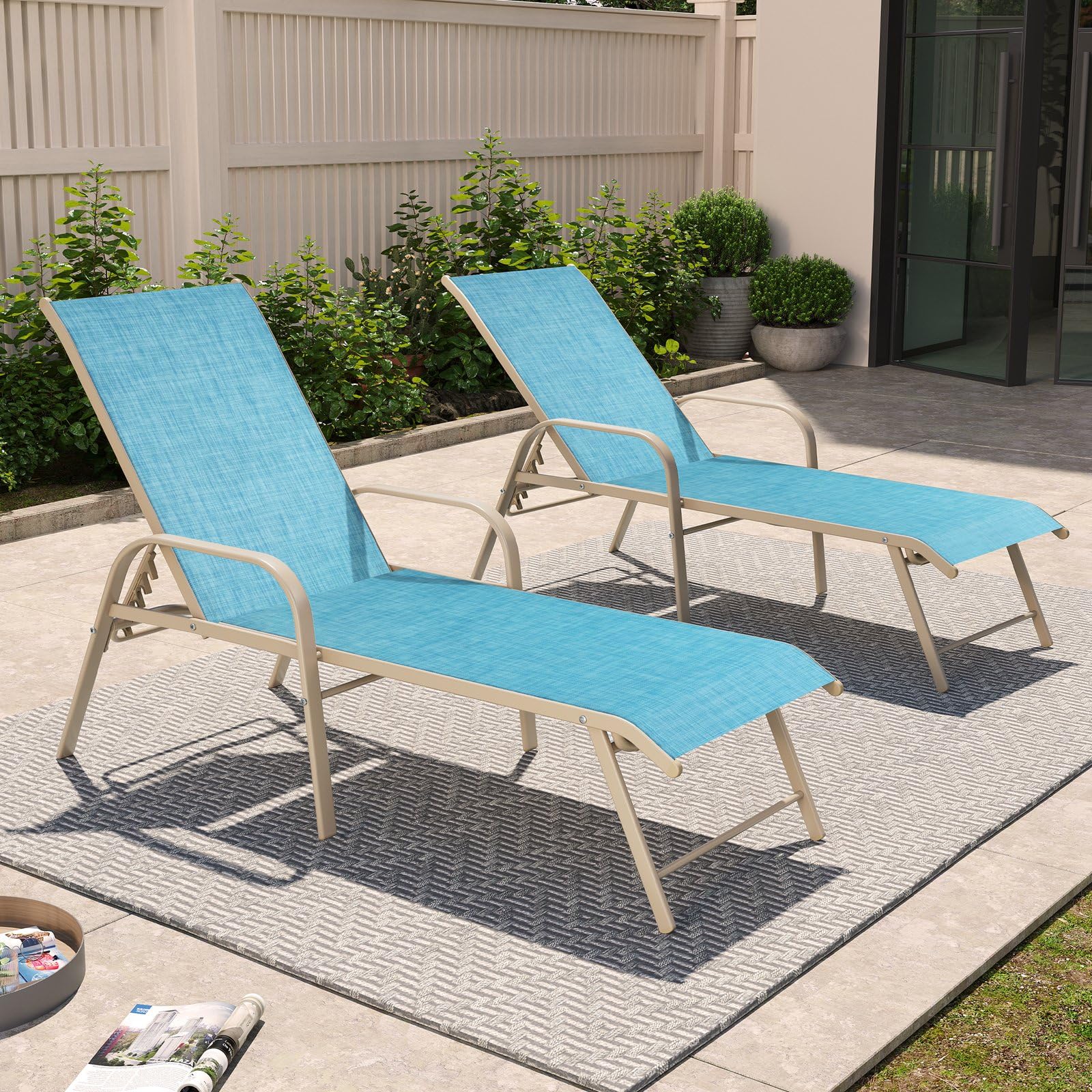 Crestlive Products Chaise Lounge Chair Outdoor with Armrests, Pool Lounge Chairs Set of 2, Aluminum Adjustable 5 Positions Sun Tanning Lounger for Patio, Poolside, Yard, Deck, Backyard (Beige)
