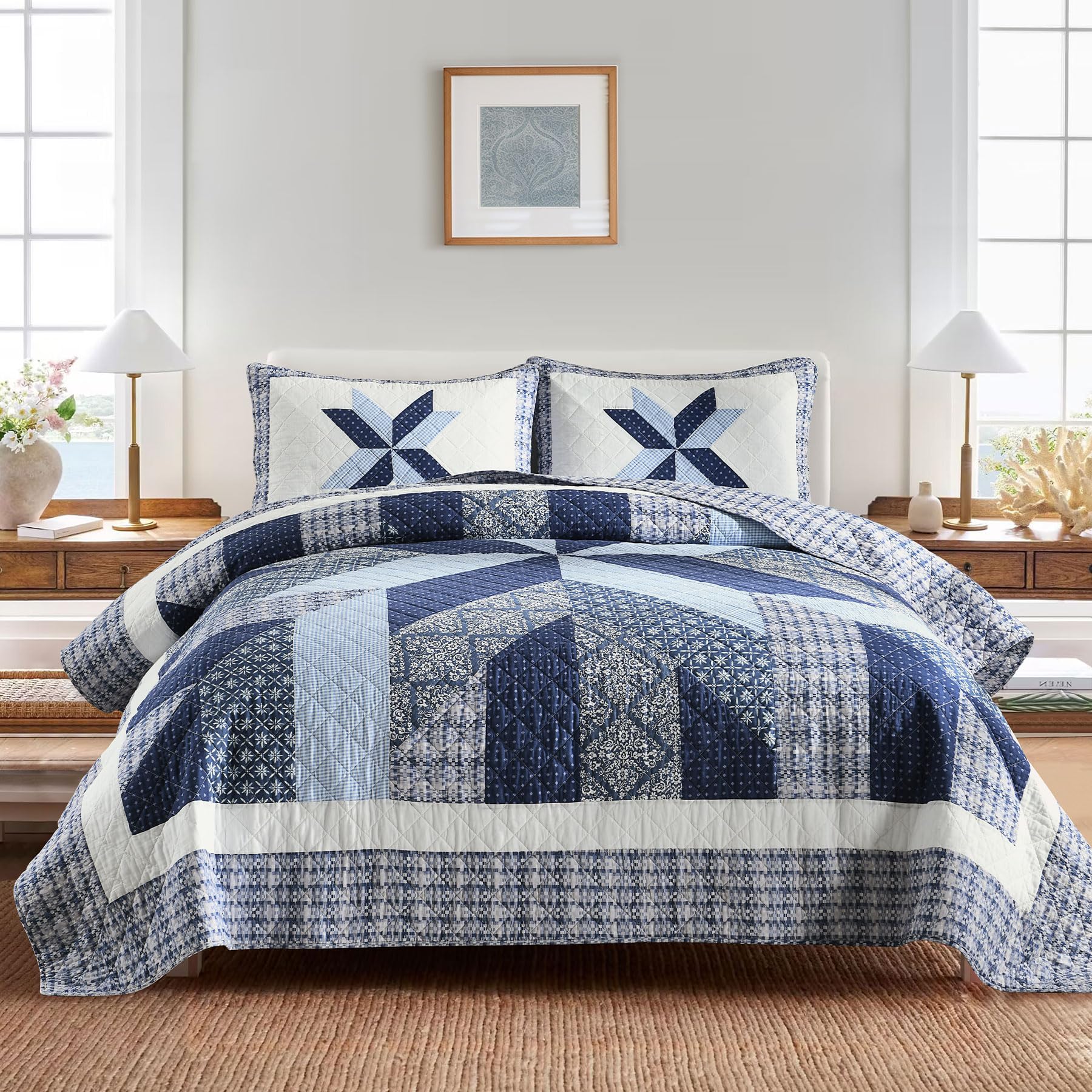Secgo Twin Comforter Set for Bed - 100% Cotton Quilts Twin Size, Black Bedspreads with 2 Pillow Shams, Patchwork Reversible Lightweight Bedding