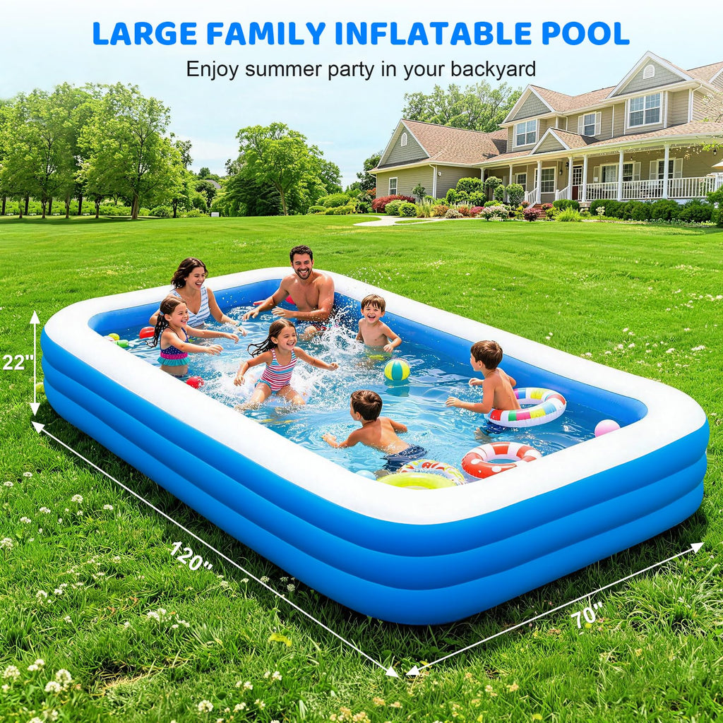 Large Inflatable Pool for Adults & Kids, 120" x 70" x 22" Blow Up Pool, Thickened Full-Sized Family Kiddie Pool for Outdoor Water Play & Summer Fun
