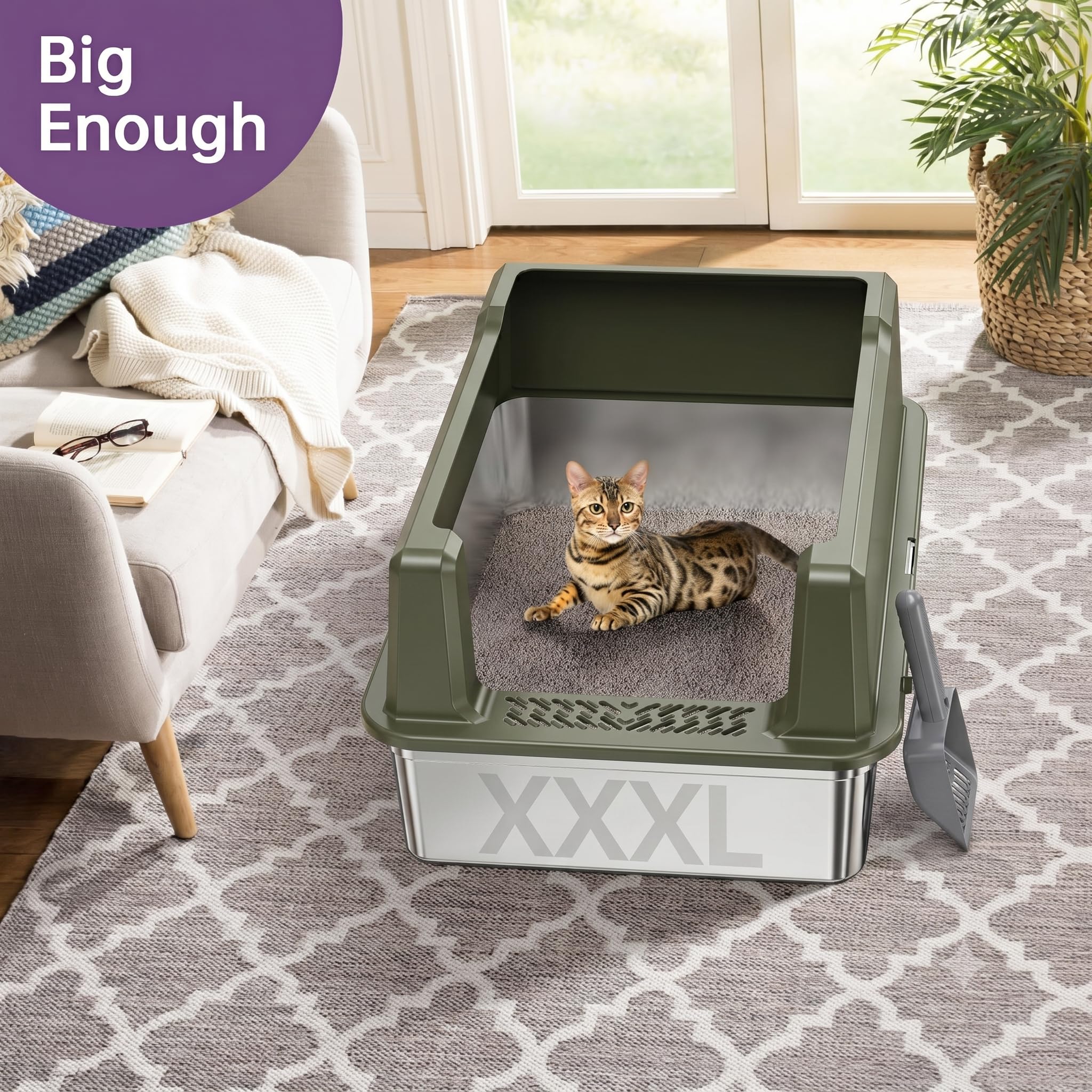 Extra Large XXL Stainless Steel Cat Litter Box with Lid, 26" L x 18" W x 12" H Metal Litter Box with Hight Sides for Big Cats & Multiple Cats, Never Absorbs Odors, Anti-Urine Leakage, Easy Cleaning
