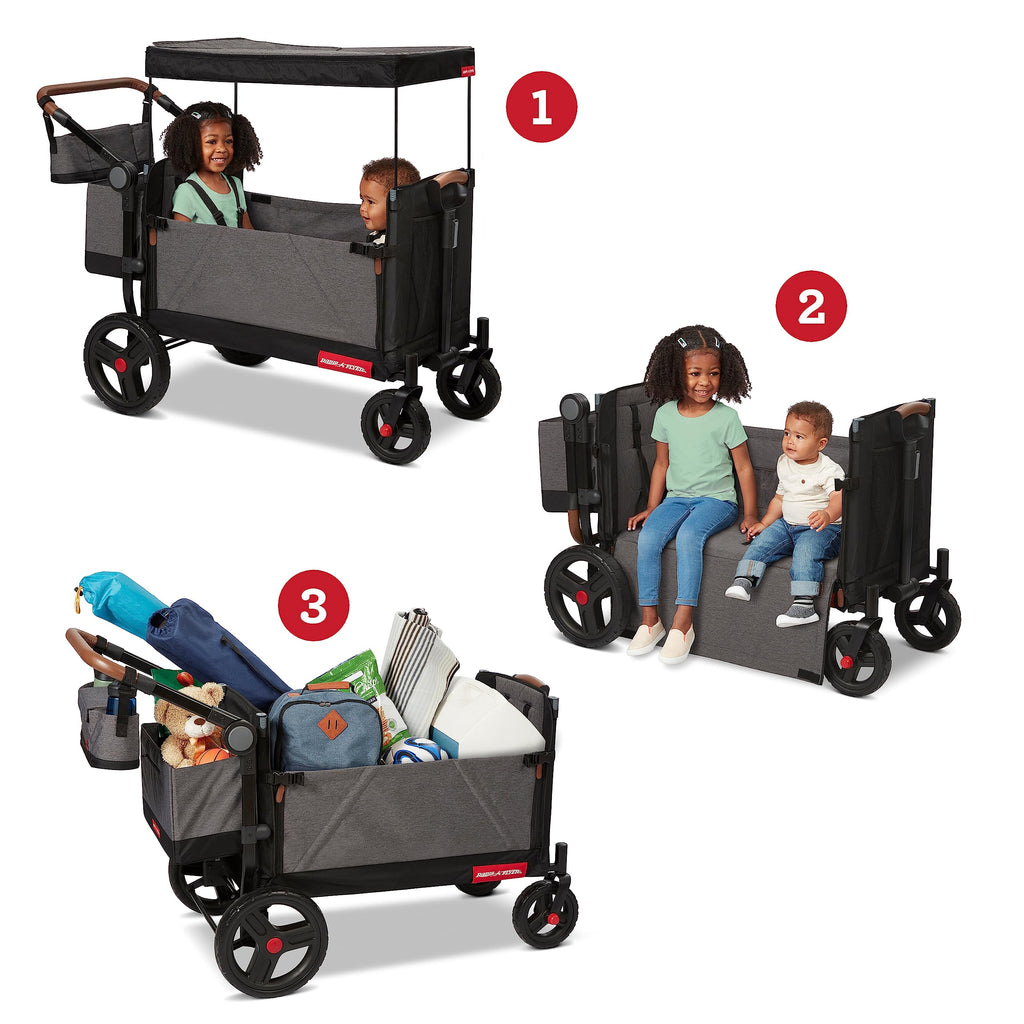 Radio Flyer Atlas Stroll 'N Wagon, Navy Blue, For Ages 1+, 3-in-1 Push or Pull Versatility, One-Hand Fold, UV Canopy, 5-Point Harnesses, Storage Capabilities, Rubber Wheels, Stroller Wagon for Kids