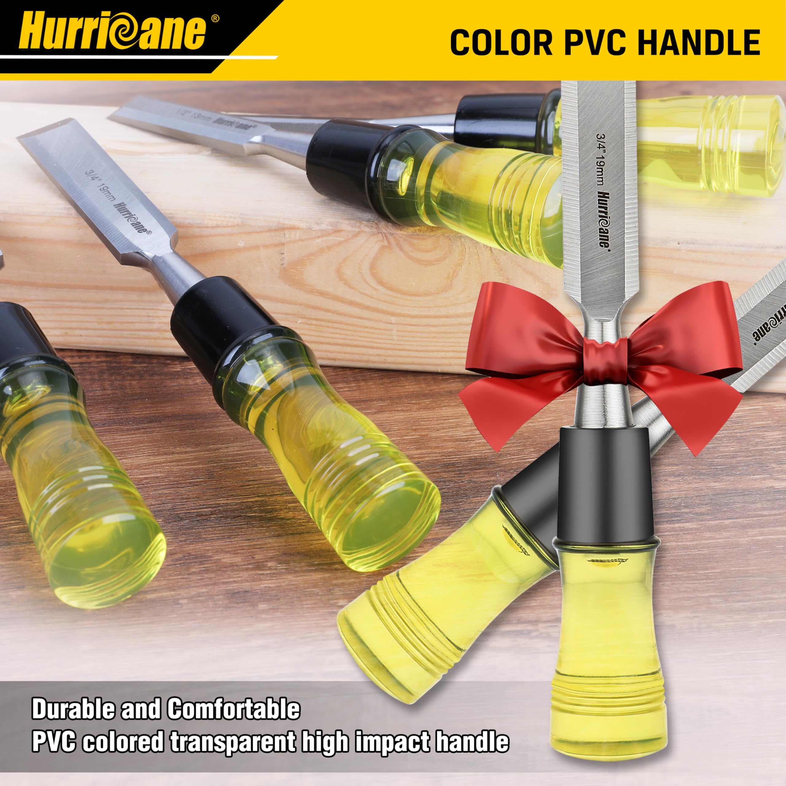 HURRICANE 4 Piece Wood Chisel Set for Woodworking. CR-V Steel Beveled Edge Blades with Safety Caps. Extra Large Grip, Impact-Resistant PVC Handle Chisels (1/4", 1/2", 3/4", 1")