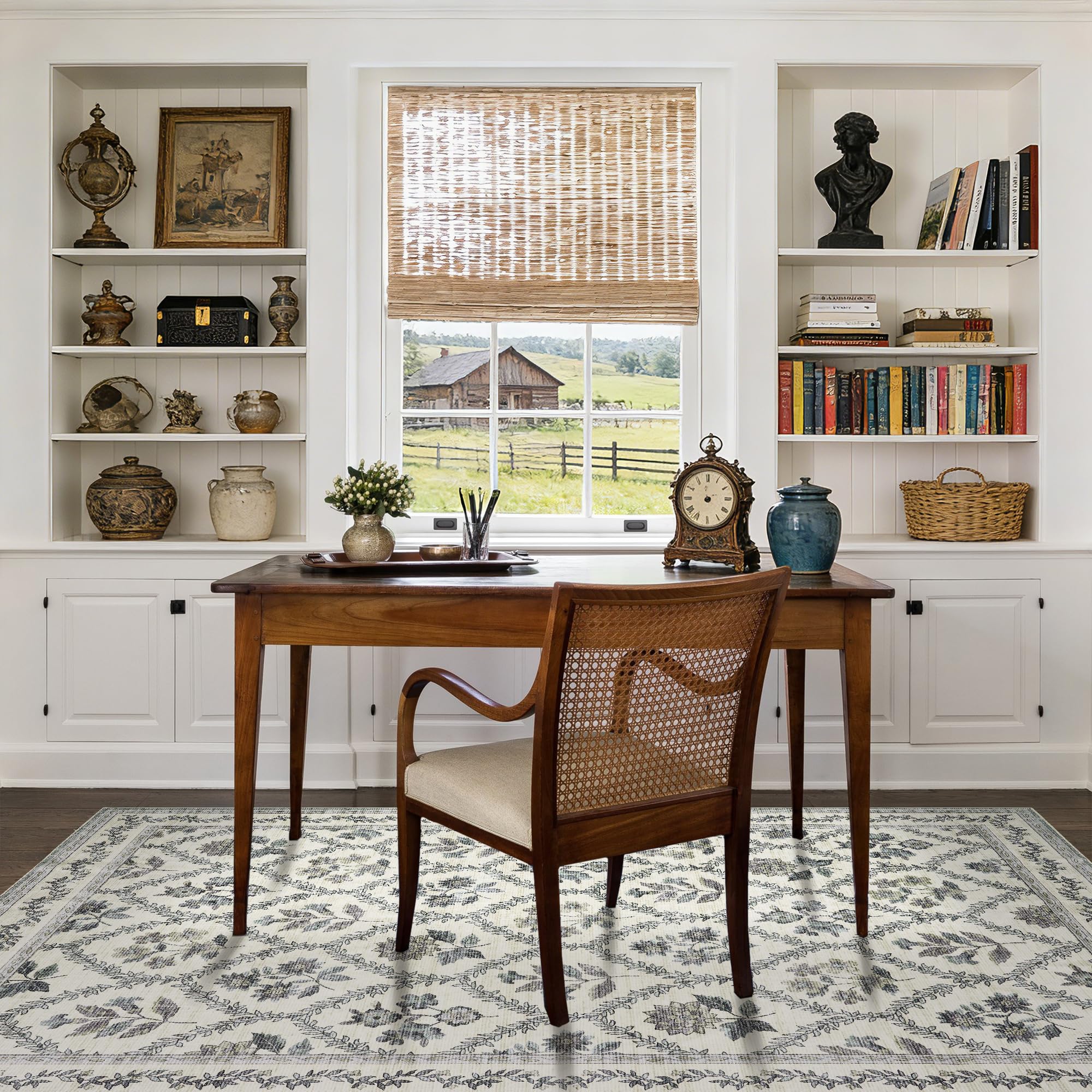 Black Floral Area Rug for Entryway 2x3 Washable Small Rug Low Pile Non Slip Distressed Entry Mat Soft Farmhouse Indoor Entrance Door Mat for Kitchen Bedroom Home Office Black Grey and White