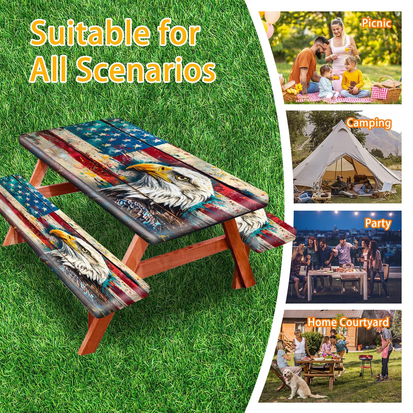 Park Picnic Table Cover with Bench Covers Lightweight Camping Essentials, Oil-Proof Waterproof 3PCS Tablecloth with Elastic, Fitted for Table 6FT Rectangle and Seats, American Flag Eagle (72x30in)