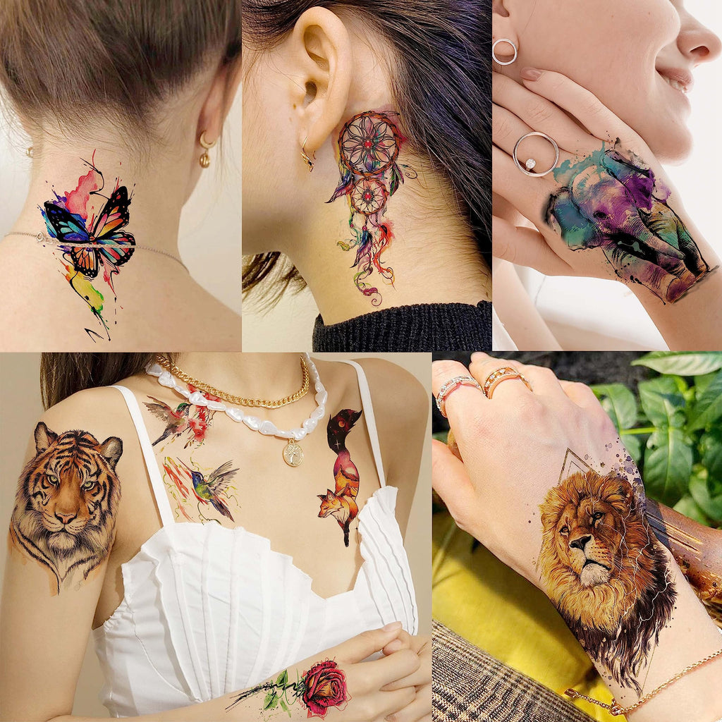 EGMBGM 52 Sheets Tiny Small Temporary Tattoos For Kids Boys Girls, Tribal Animals Butterfly Anchor Compass Tattoo Stickers For Men Women, 3D Cute Flower Fake Face Tatoo Kits Sets For Neck Arm Hands