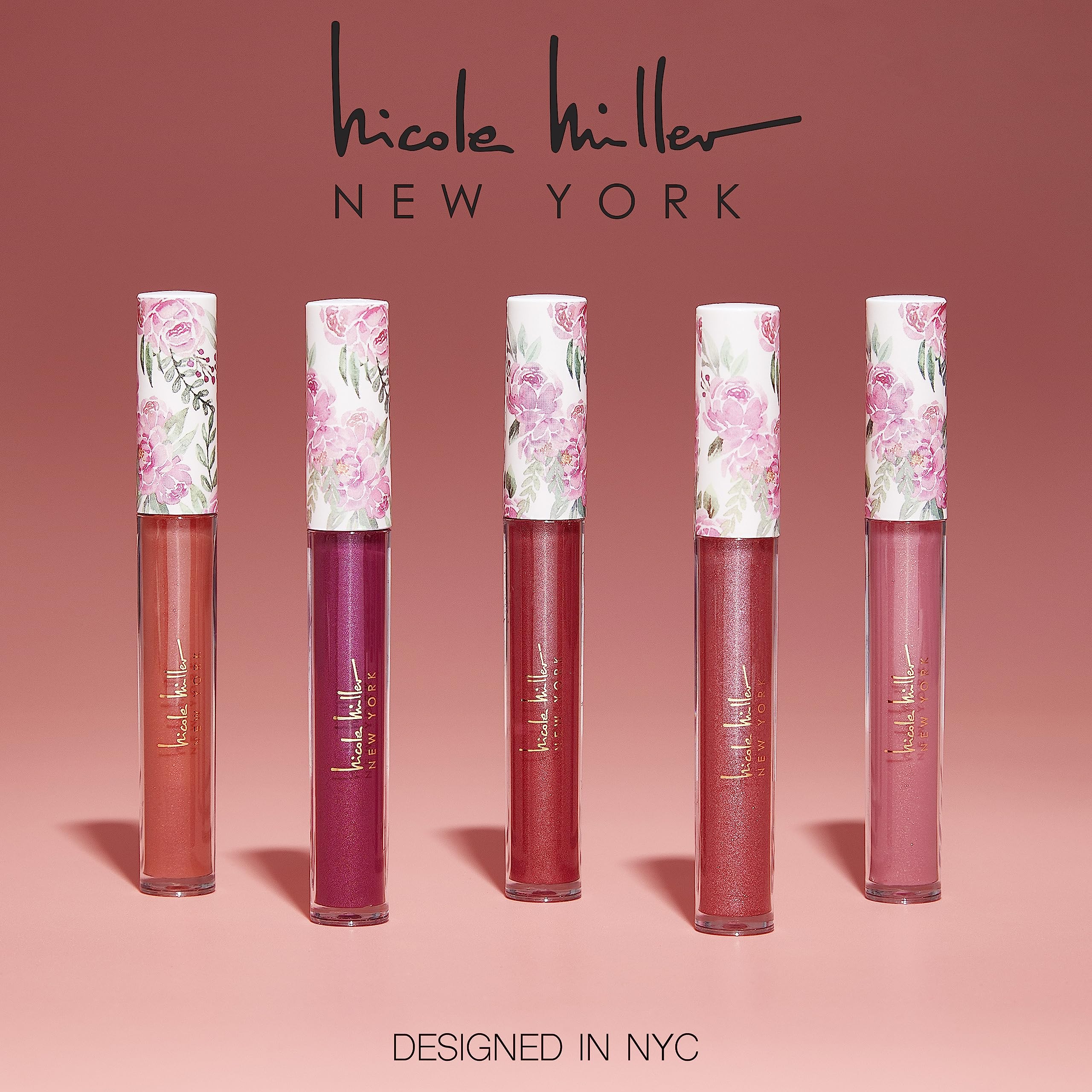 Nicole Miller Lip Gloss Collection Shimmery Glosses for Women and Girls Long Lasting Color Set with Rich Varied Colors, Flowery Pink, 10 Count (Pack of 1)