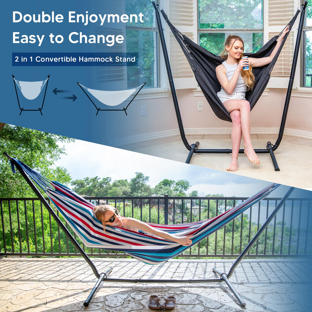 SUNCREAT 2-in-1 Convertible Free Standing Hammock with Stand Included, Camping Backyard Hammock with Stand, Patented, Blue & White Stripe