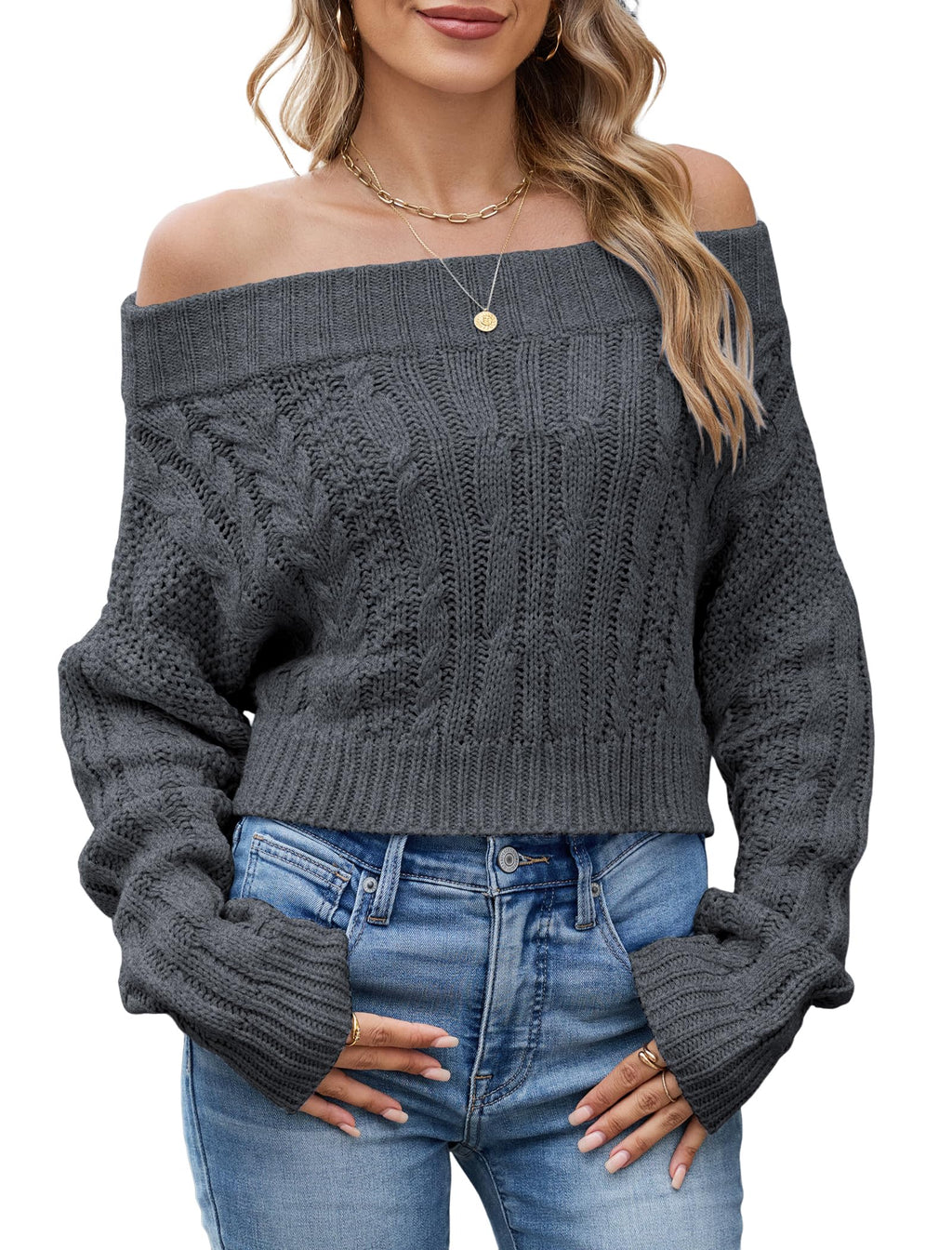 ZAFUL Women V Neck Button Knit Crop Sweaters Batwing Sleeve V Back Ribbed Hem Pullover Sweater