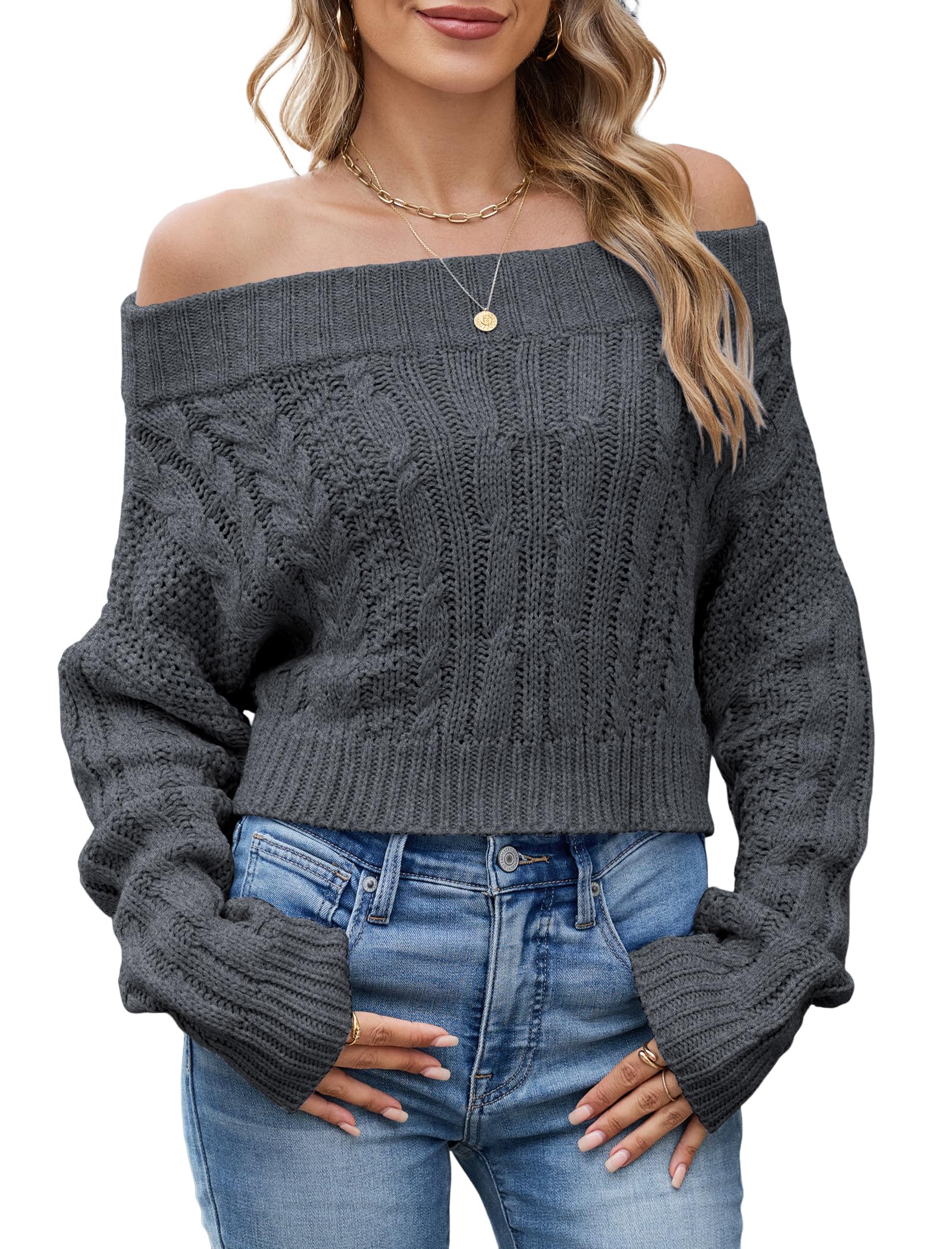 ZAFUL Women V Neck Button Knit Crop Sweaters Batwing Sleeve V Back Ribbed Hem Pullover Sweater